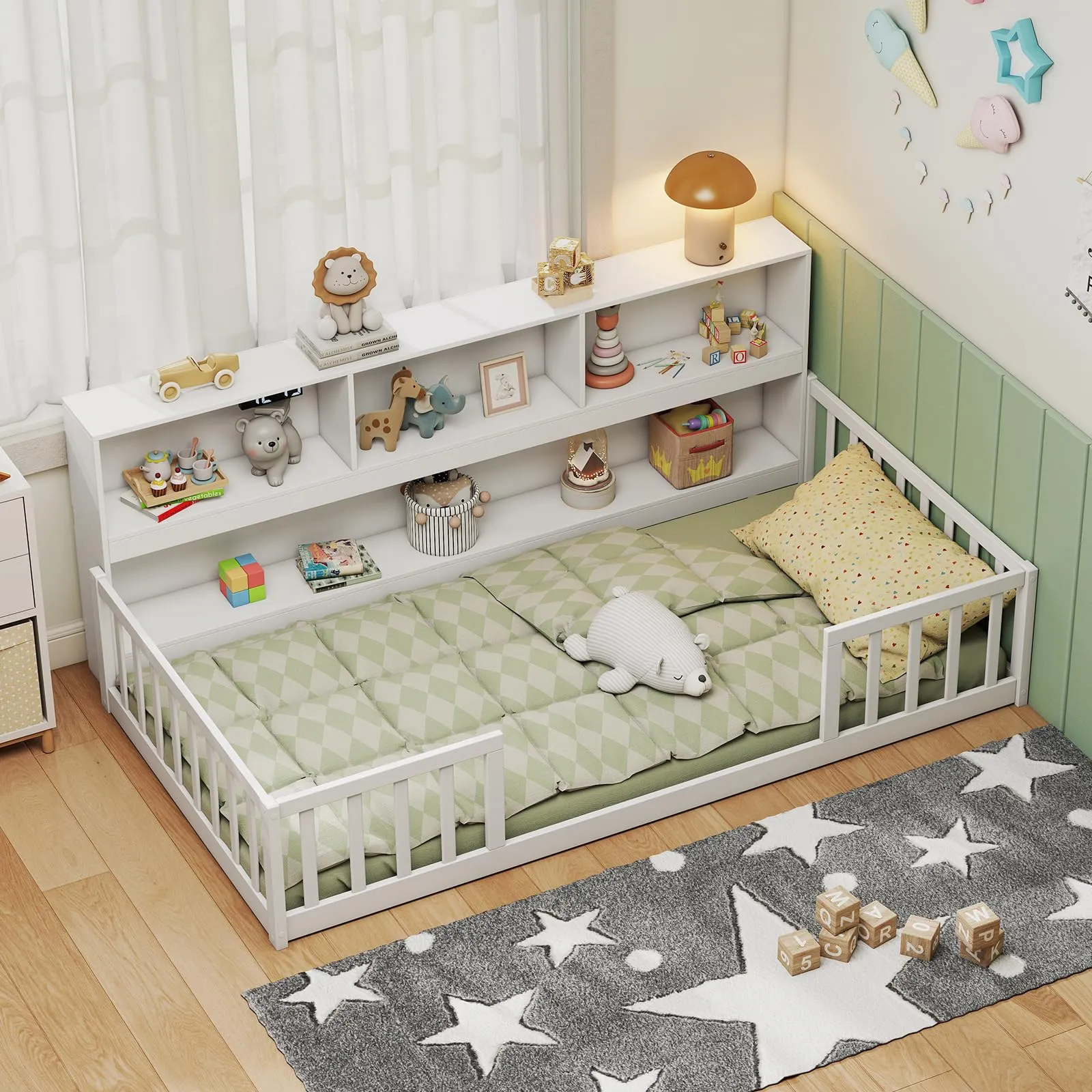Giantex Wooden Montessori Bed Frame with Bookcase bed frame, queen bed