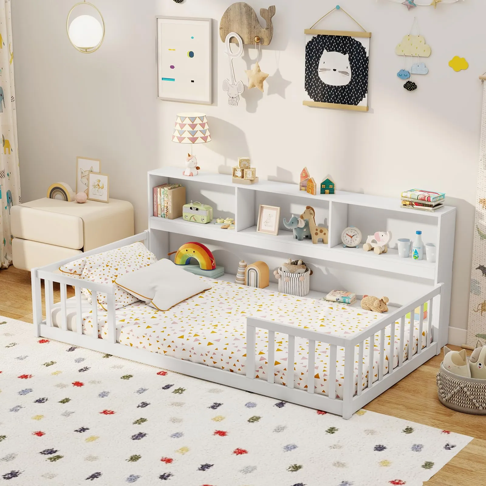 Giantex Wooden Montessori Bed Frame with Bookcase