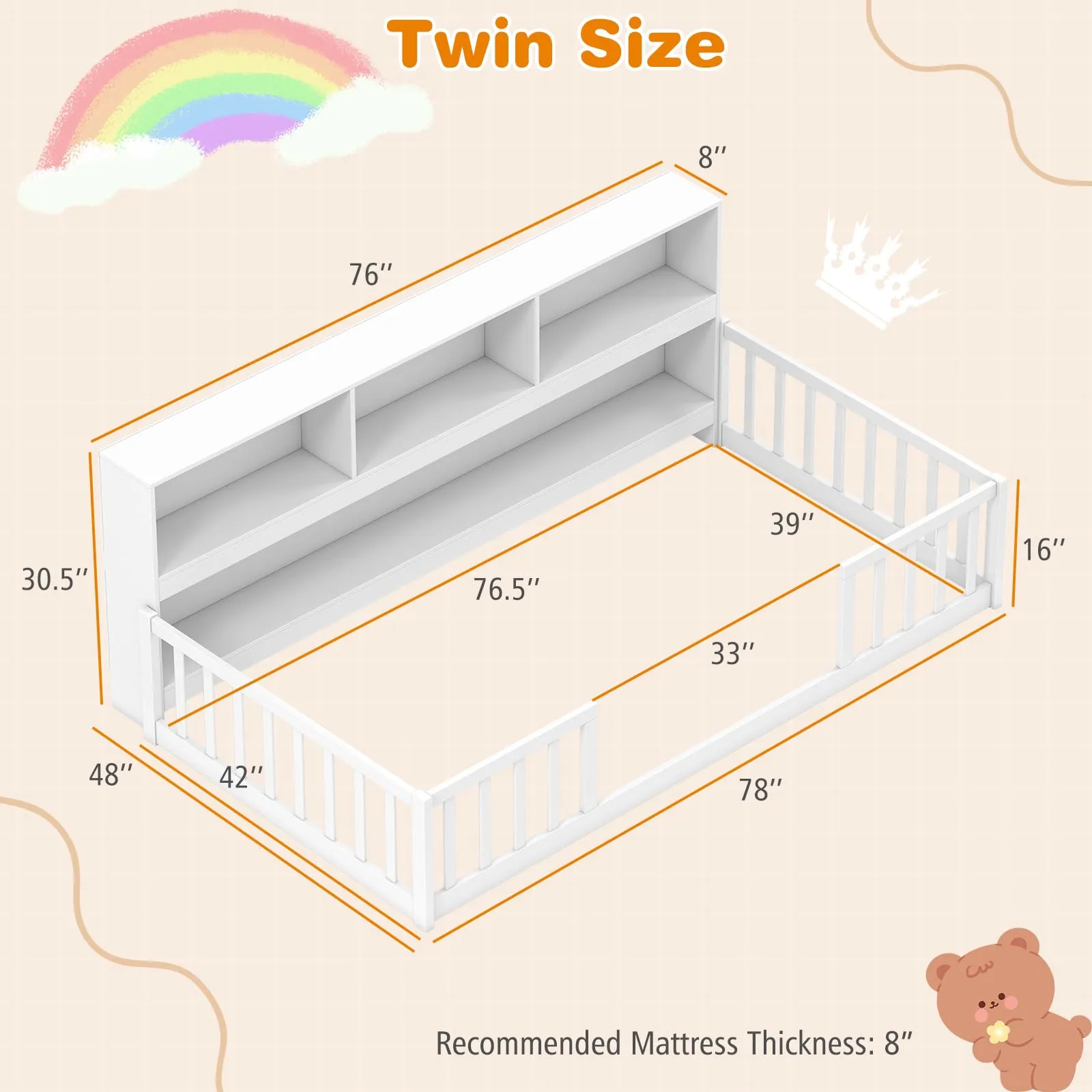 Giantex Wooden Montessori Bed Frame with Bookcase