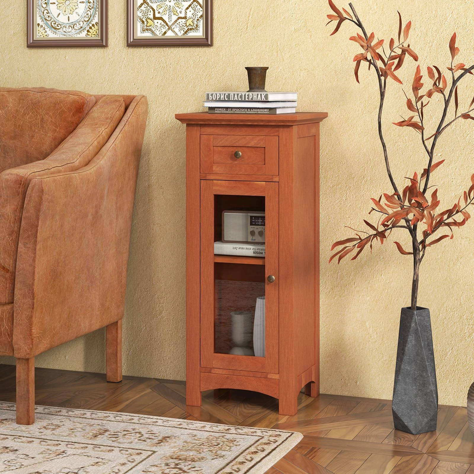 Giantex Small Bathroom Storage Cabinet, Freestanding Narrow Bathroom Cabinet with Single Glass Door, Drawer