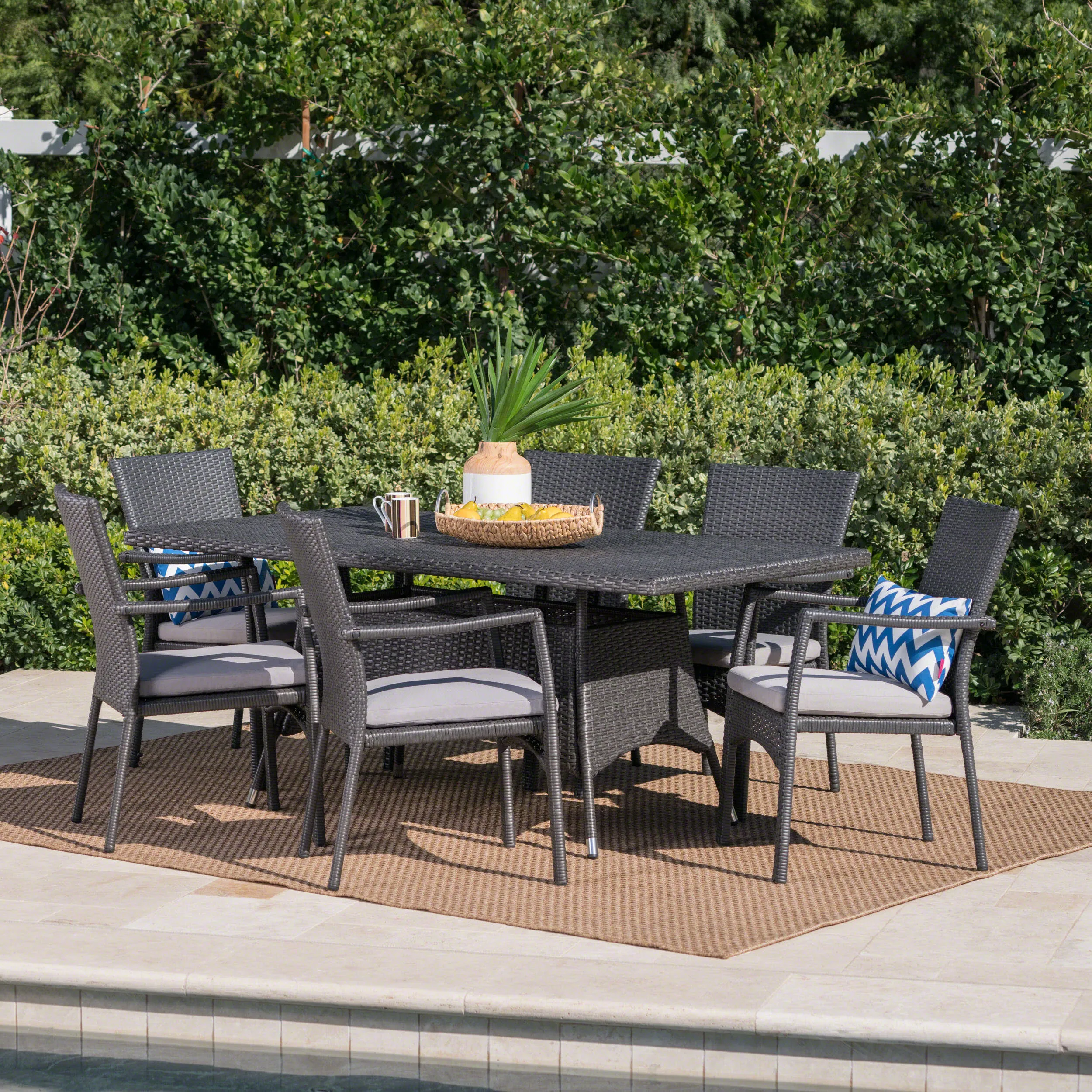 Grey Wicker 7 Piece Rectangular Dining Set - NH565003 patio chairs, outdoor seating