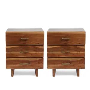 Handcrafted Boho Acacia Wood 3 Drawer Nightstand, Set of 2 - NH689313 office desk, work desk