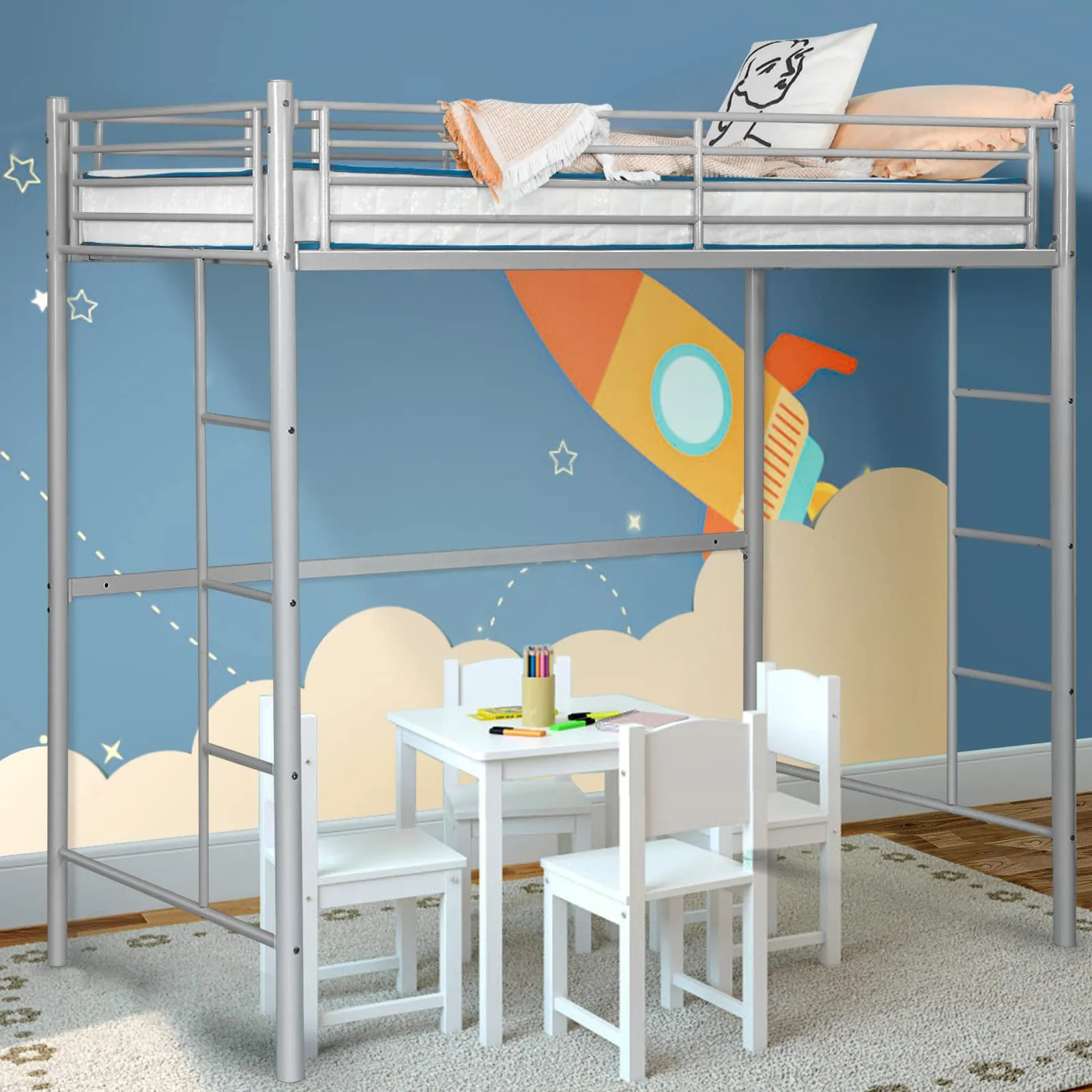 Heavy Duty Loft Bed Frame with 2 Ladders | Metal Loft Bed Twin Size