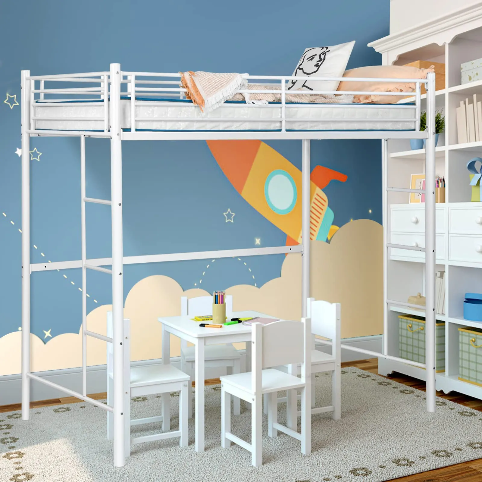 Heavy Duty Loft Bed Frame with 2 Ladders | Metal Loft Bed Twin Size
