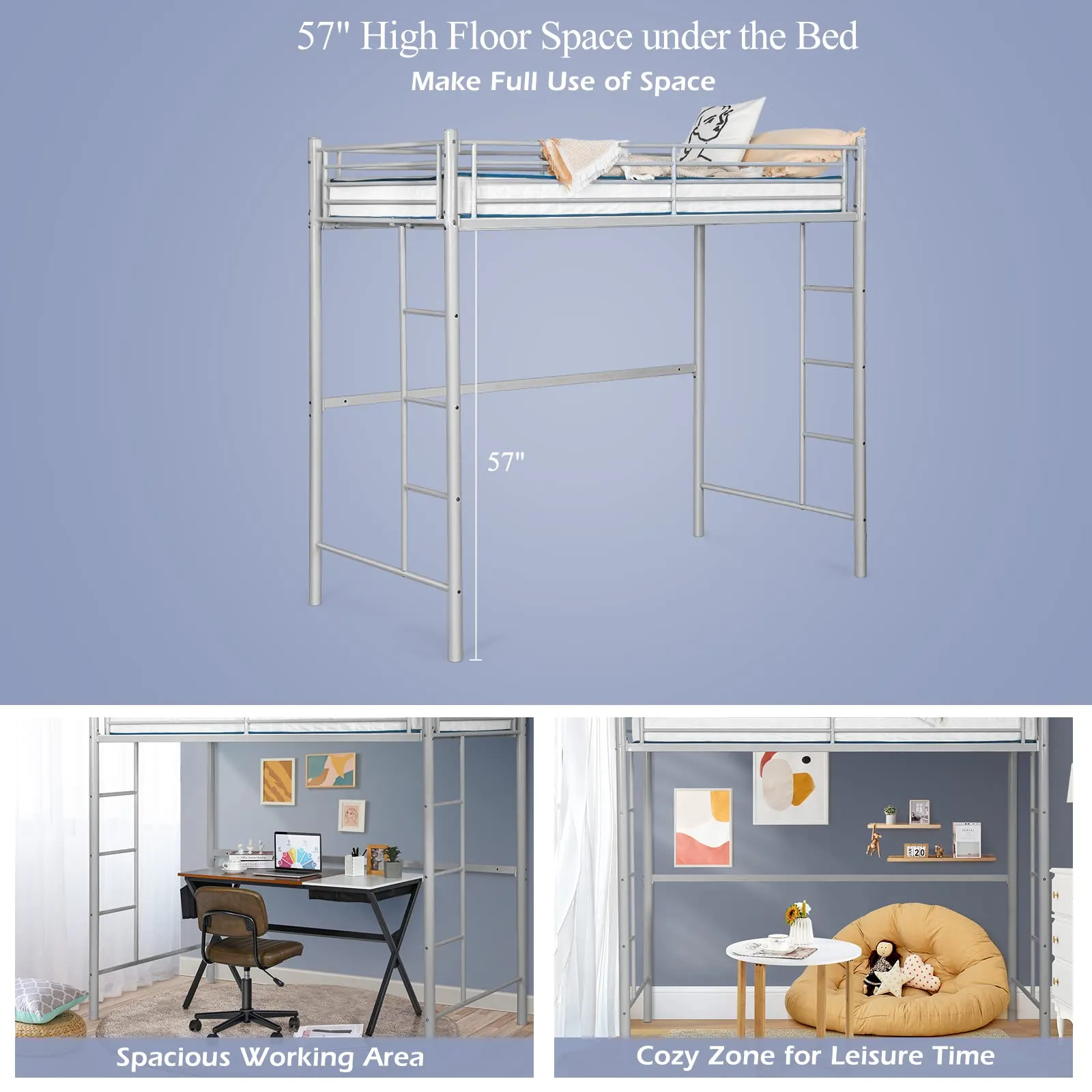 Heavy Duty Loft Bed Frame with 2 Ladders | Metal Loft Bed Twin Size