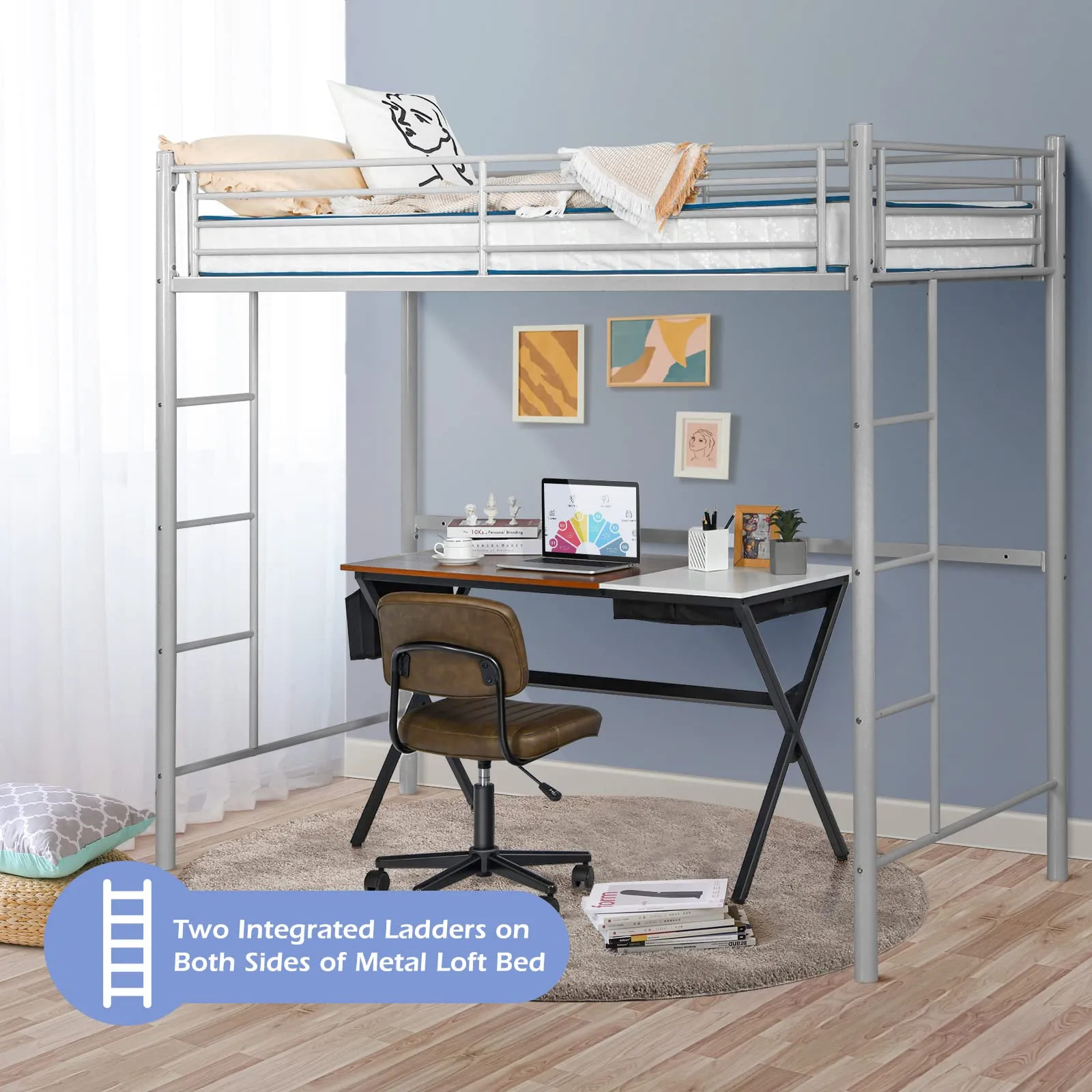 Heavy Duty Loft Bed Frame with 2 Ladders | Metal Loft Bed Twin Size