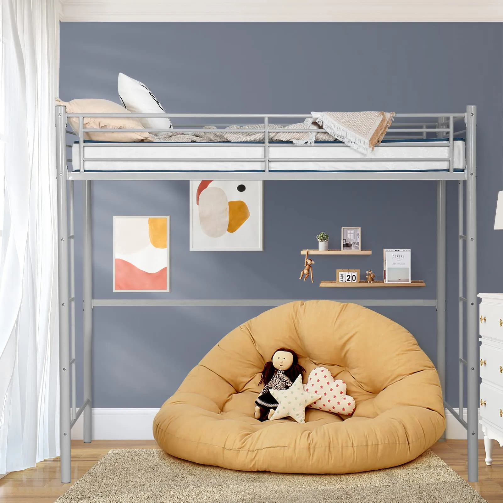 Heavy Duty Loft Bed Frame with 2 Ladders | Metal Loft Bed Twin Size