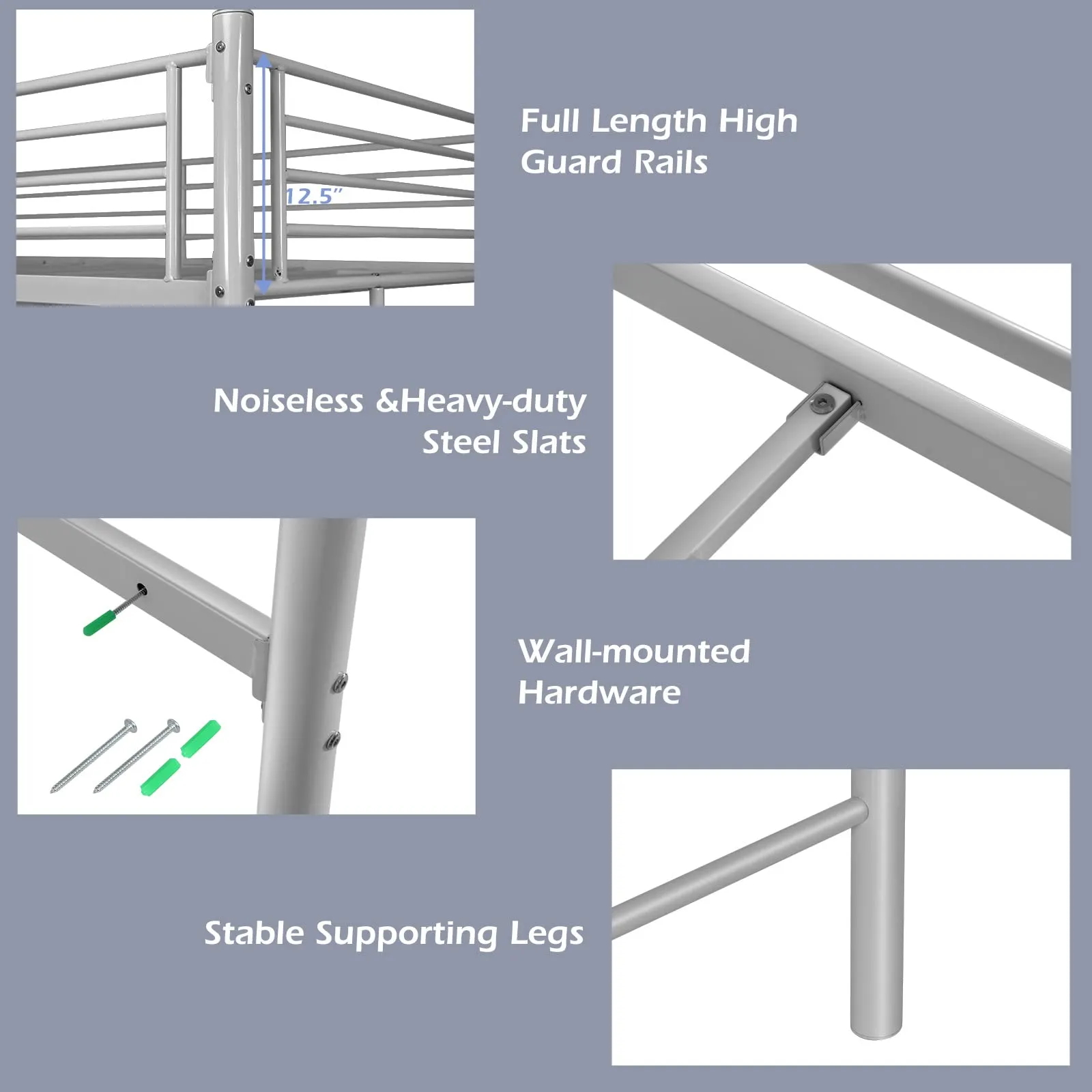 Heavy Duty Loft Bed Frame with 2 Ladders | Metal Loft Bed Twin Size