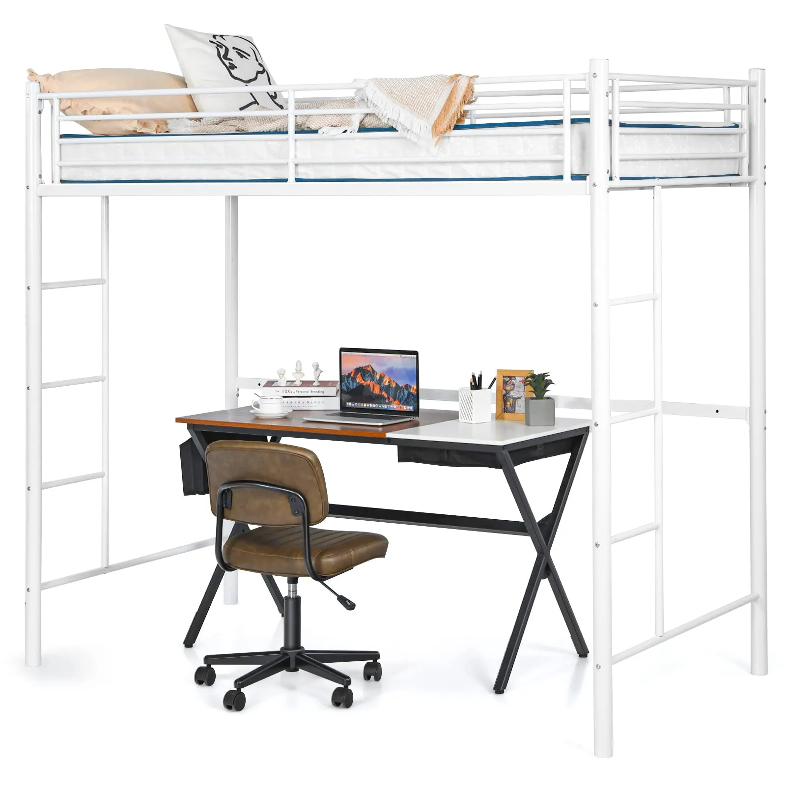 Heavy Duty Loft Bed Frame with 2 Ladders | Metal Loft Bed Twin Size