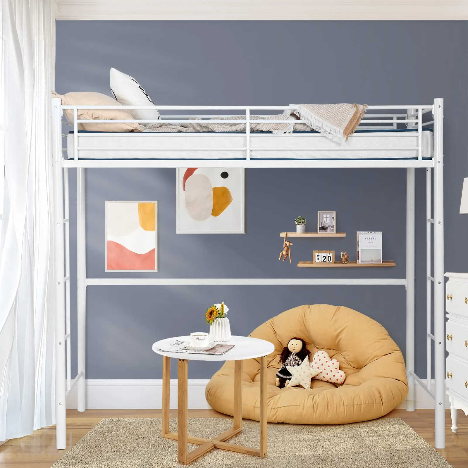 Heavy Duty Loft Bed Frame with 2 Ladders | Metal Loft Bed Twin Size