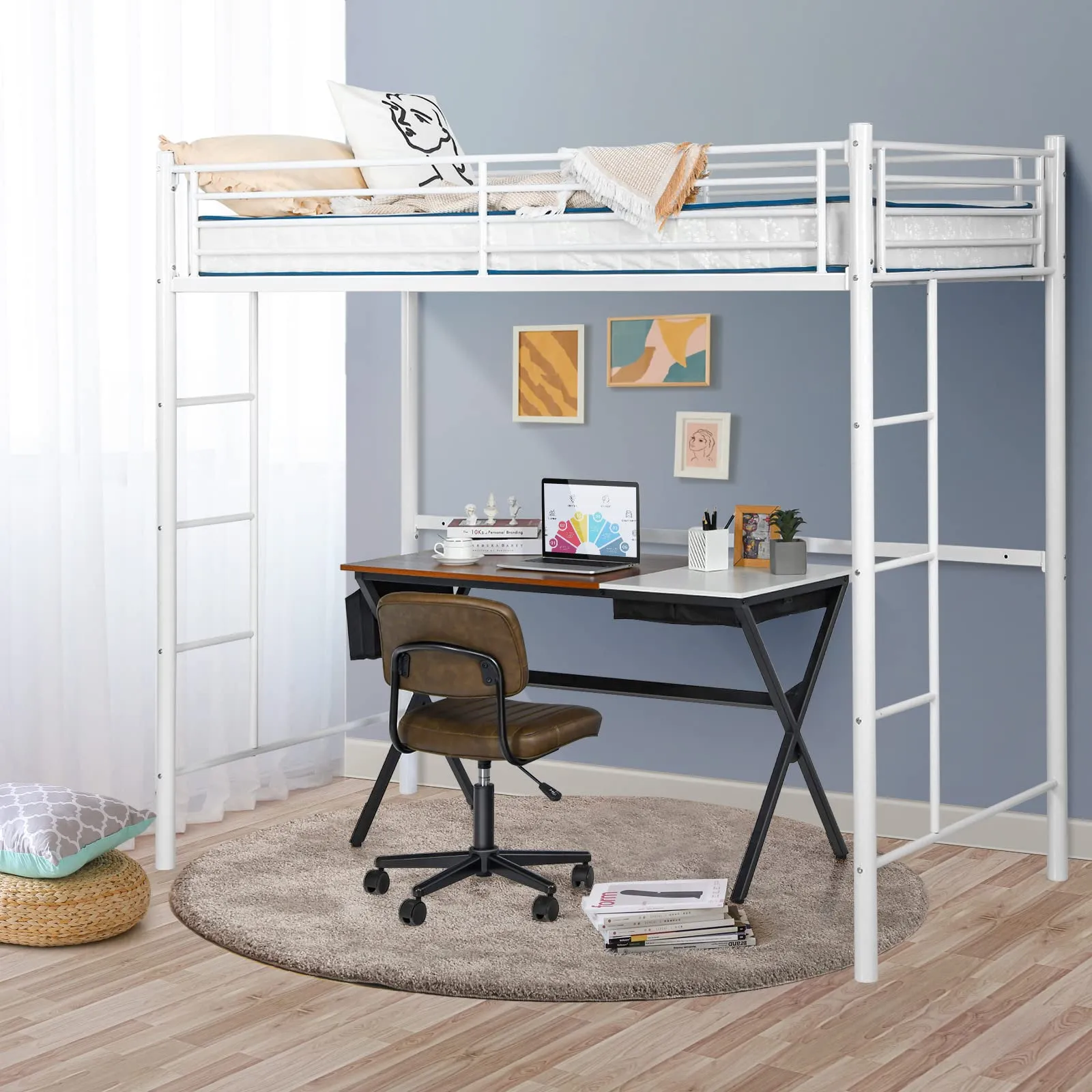 Heavy Duty Loft Bed Frame with 2 Ladders | Metal Loft Bed Twin Size