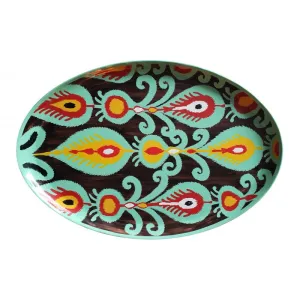 Ikat Oval Handpainted Iron Tray 48 x 39cm, Green napkin rings, dining placemats