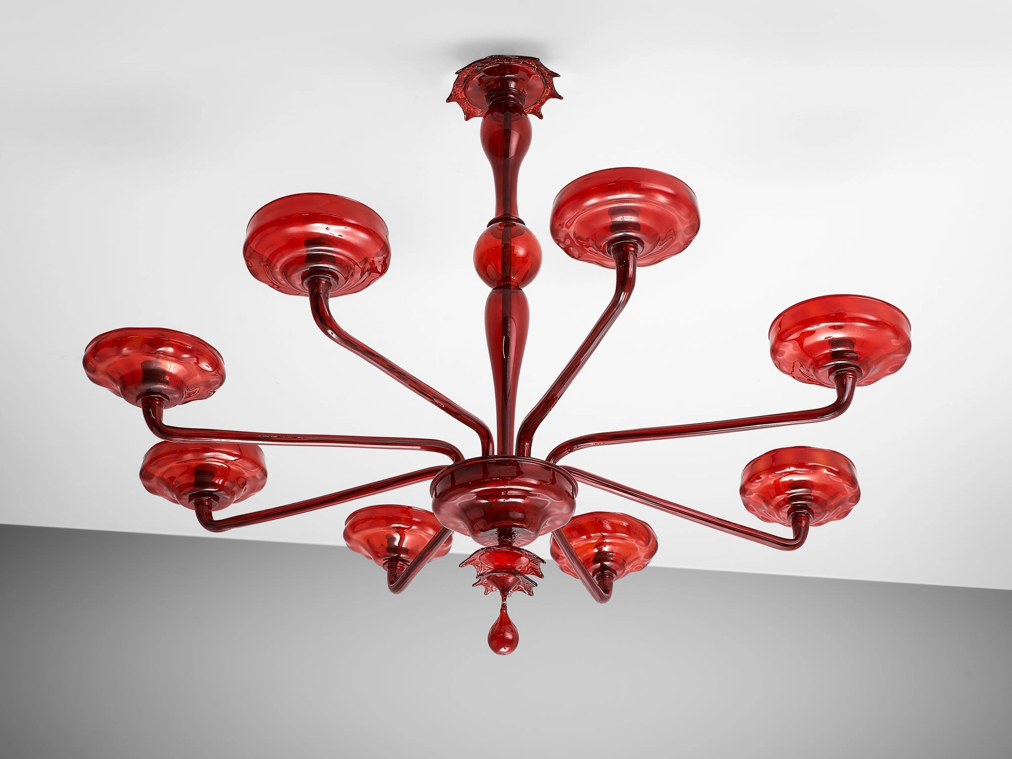 Large Hand Blown Chandelier in Red Murano Glass