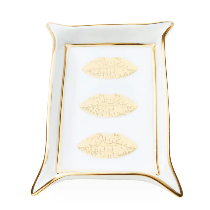 Lips Valet Tray, Cream and Gold, 17.7cm x 12.7 cm