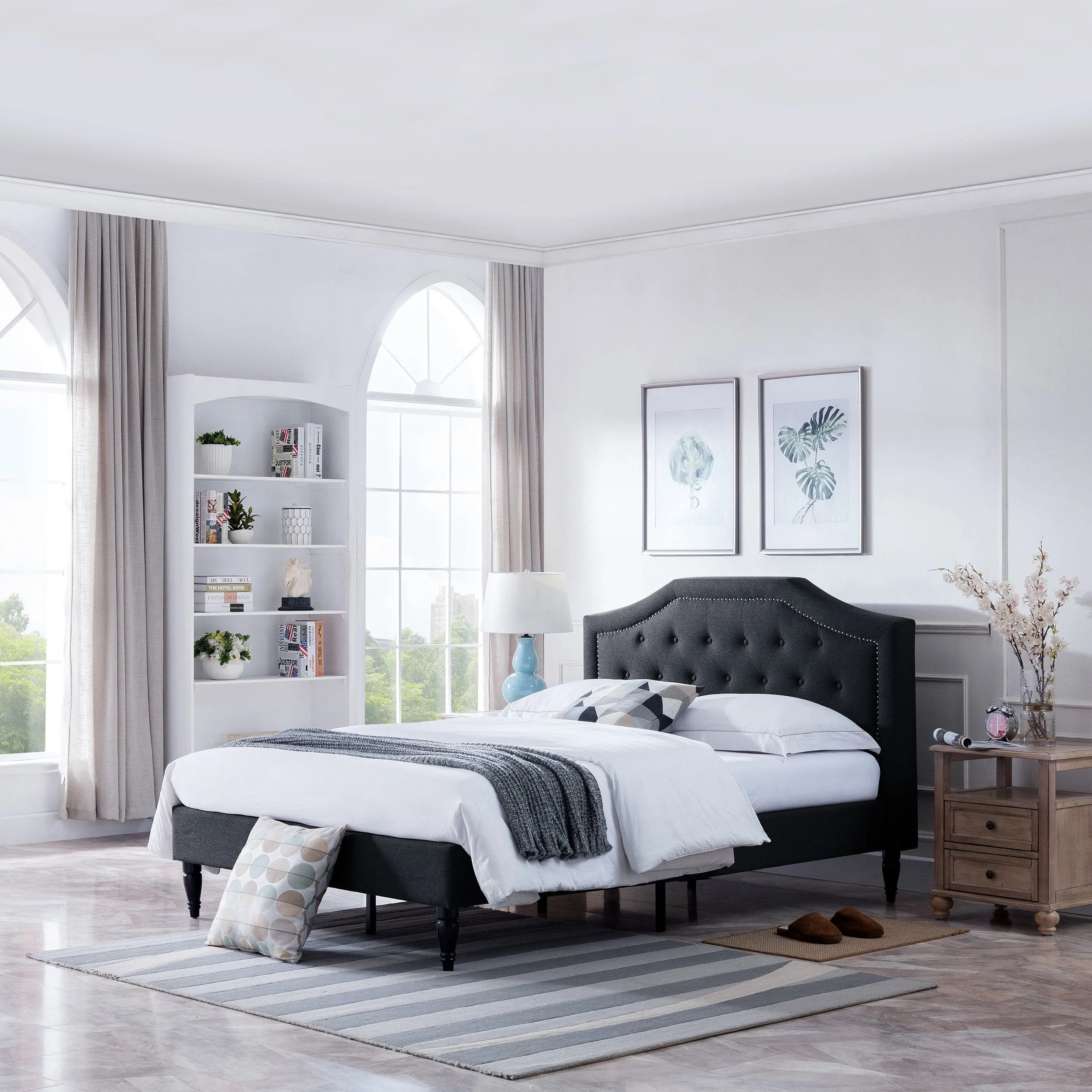 Low Profile Fully Upholstered Fabric Platform Bed Frame, Queen - NH086703 throw blanket, decorative pillow