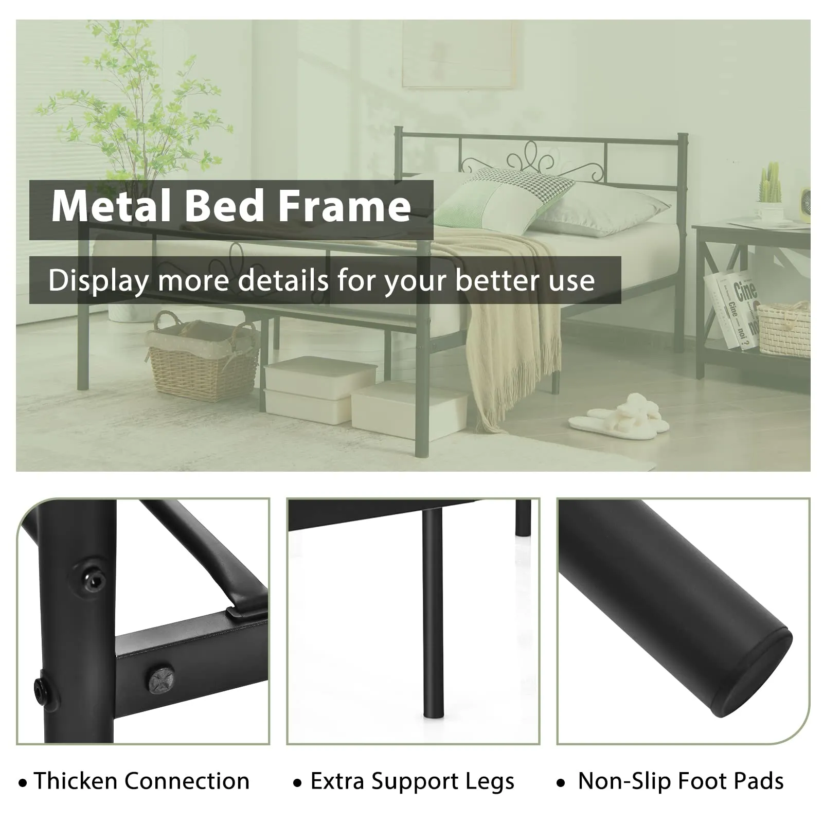 Mattress Foundation w/Heavy Duty Steel Slat Support, No Box Spring Needed