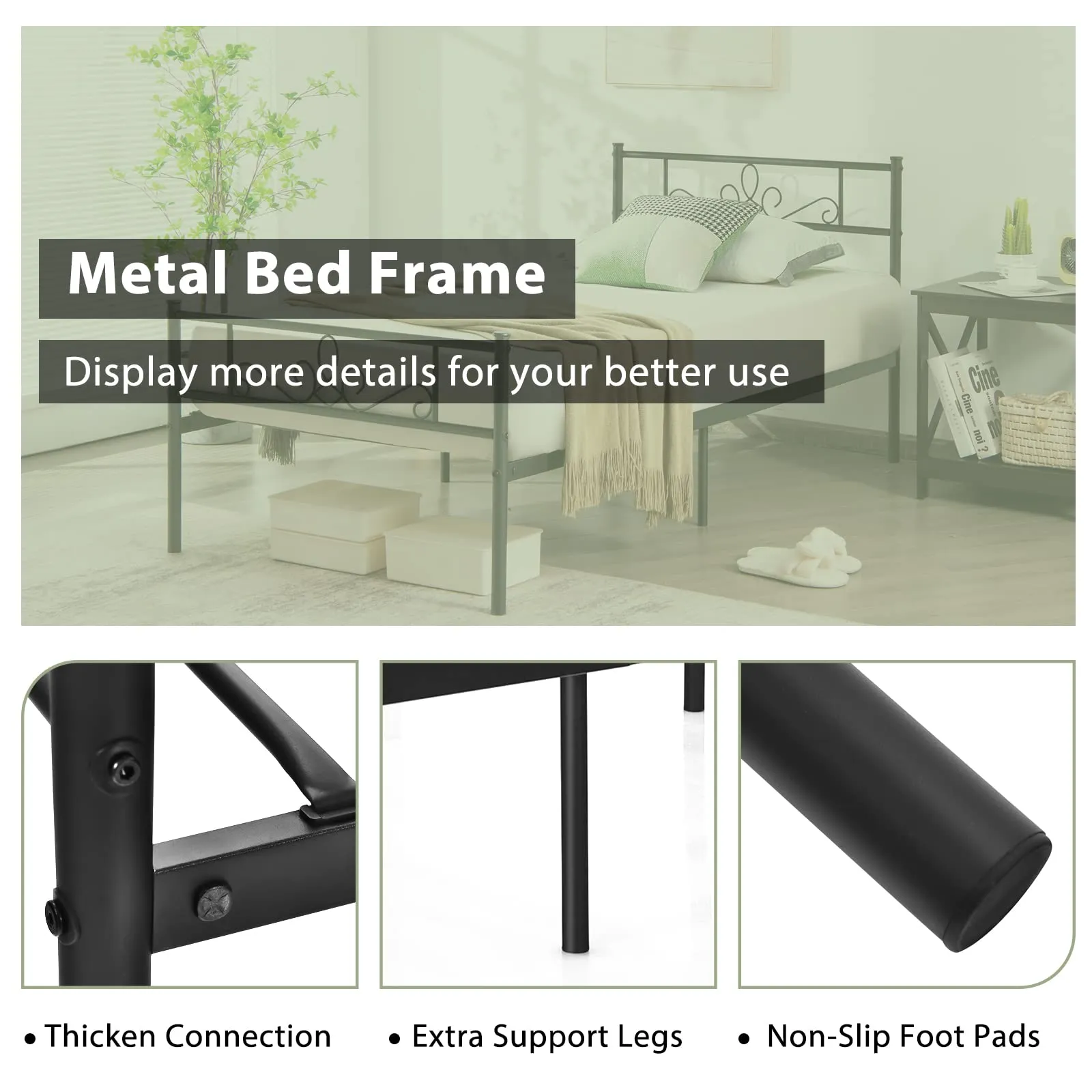 Mattress Foundation w/Heavy Duty Steel Slat Support, No Box Spring Needed