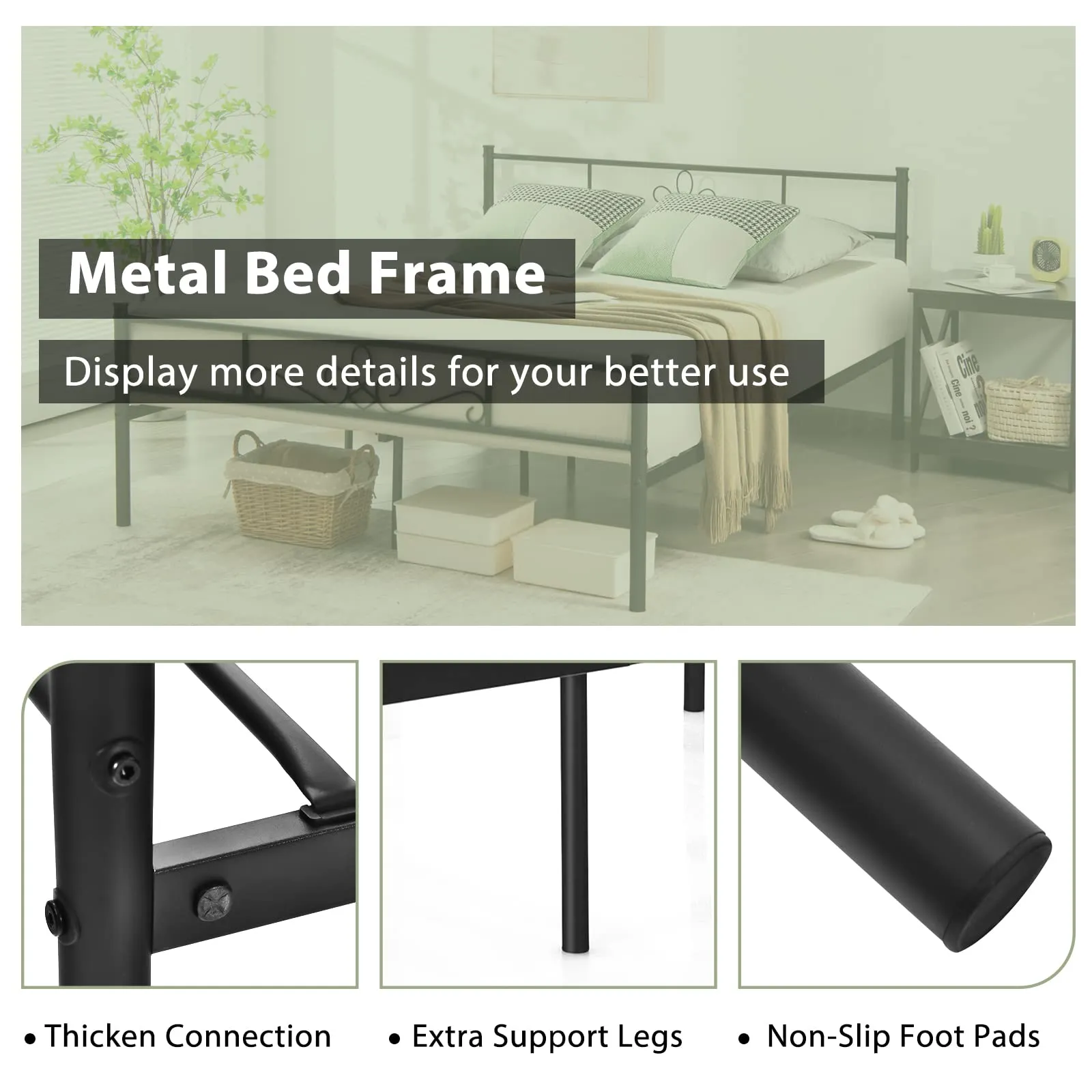 Mattress Foundation w/Heavy Duty Steel Slat Support, No Box Spring Needed