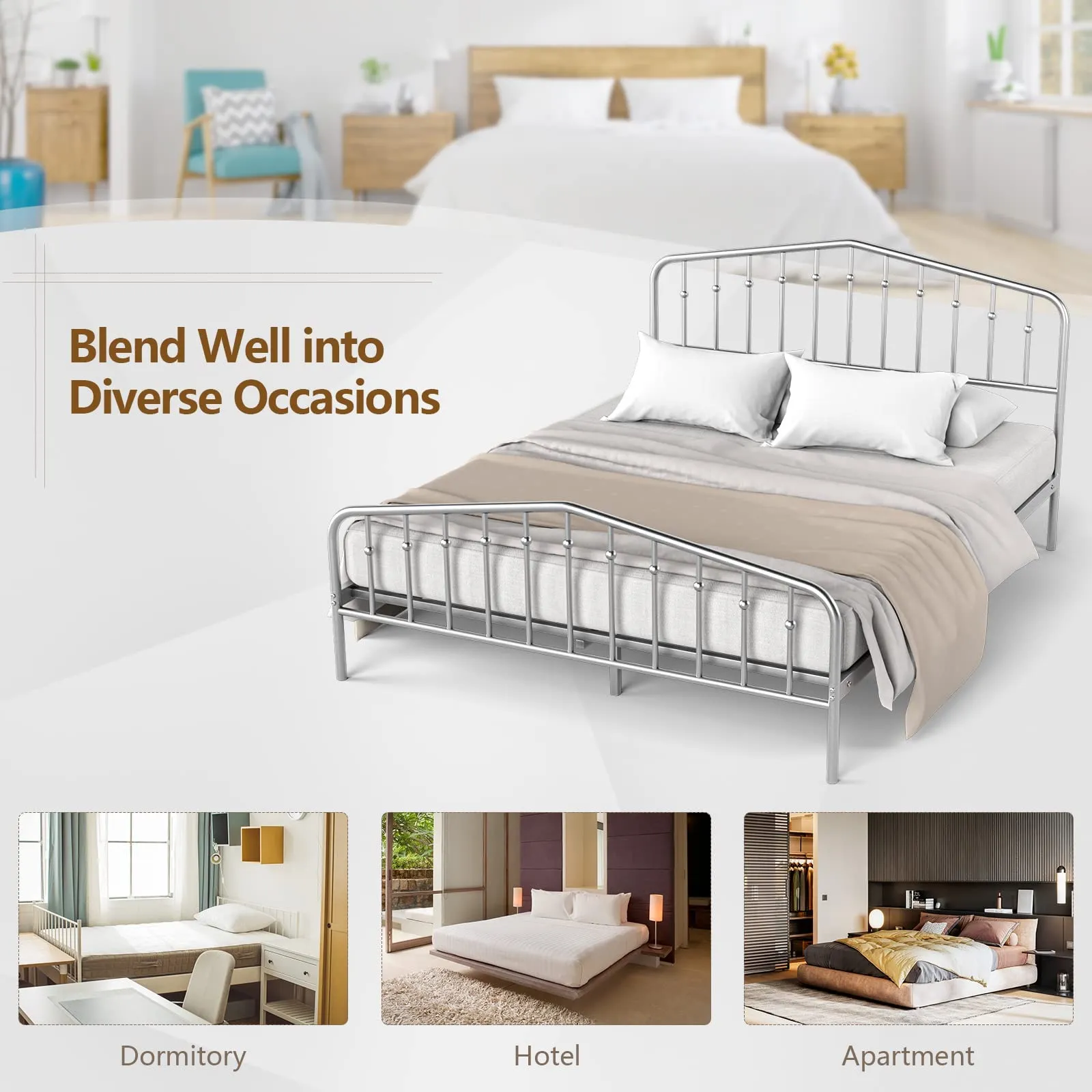 Metal Queen Bed Frame w/ Heavy Duty Steel Slat and 9-Leg Support