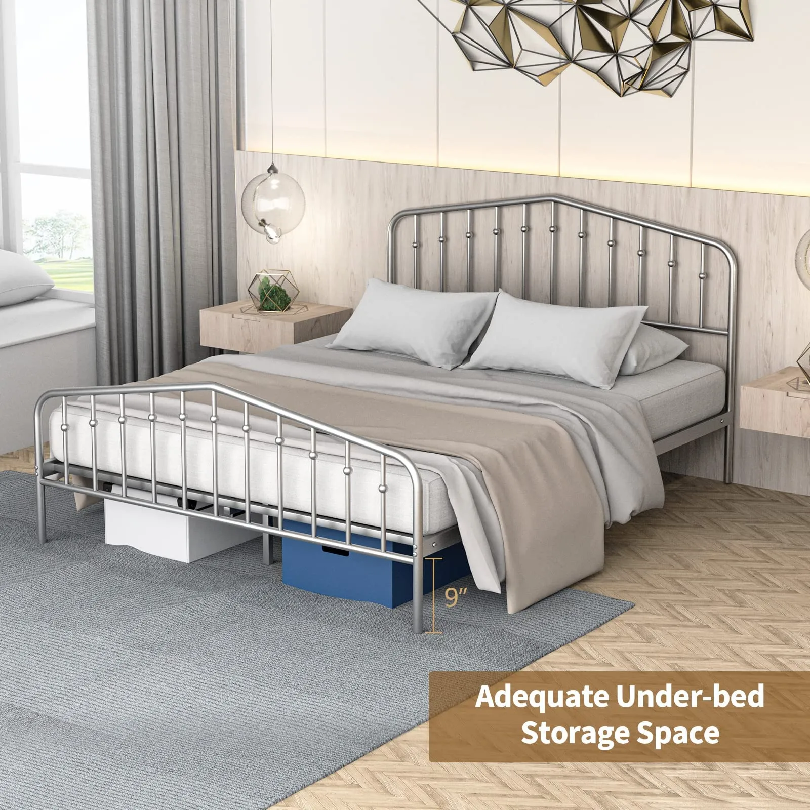 Metal Queen Bed Frame w/ Heavy Duty Steel Slat and 9-Leg Support