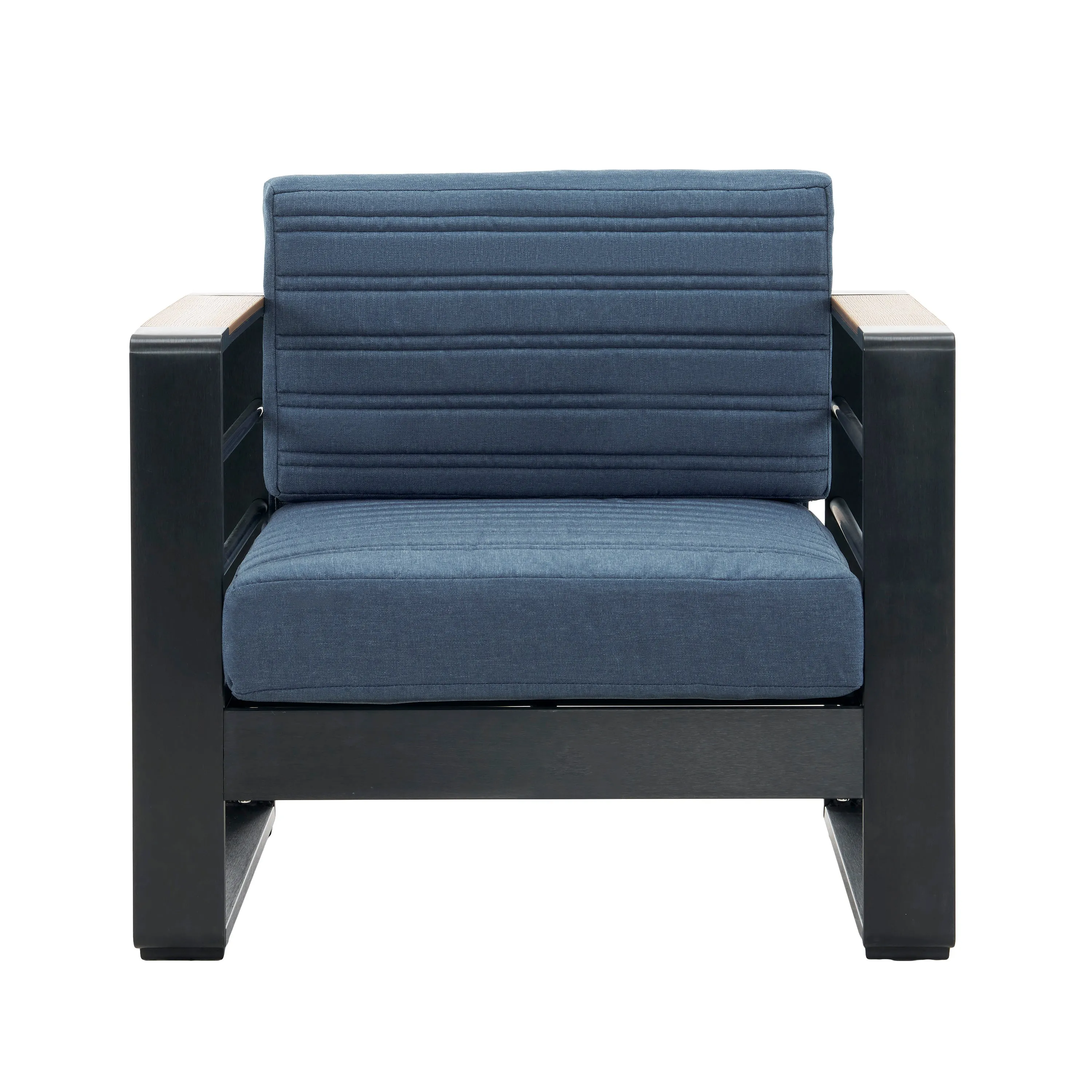 Modern Aluminum Club Chair with Faux Wood Accents & Water-Resistant Cushions