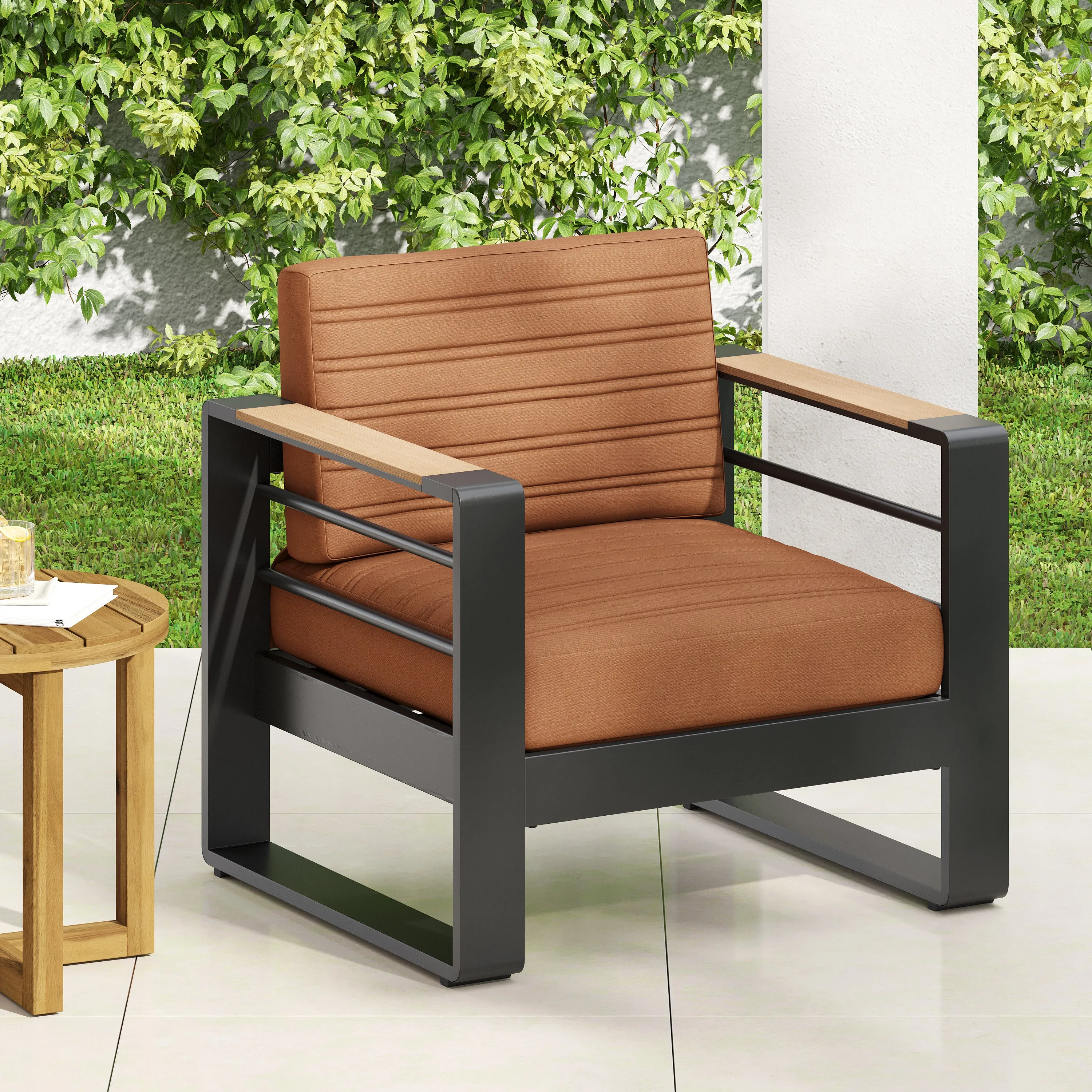 Modern Aluminum Club Chair with Faux Wood Accents & Water-Resistant Cushions