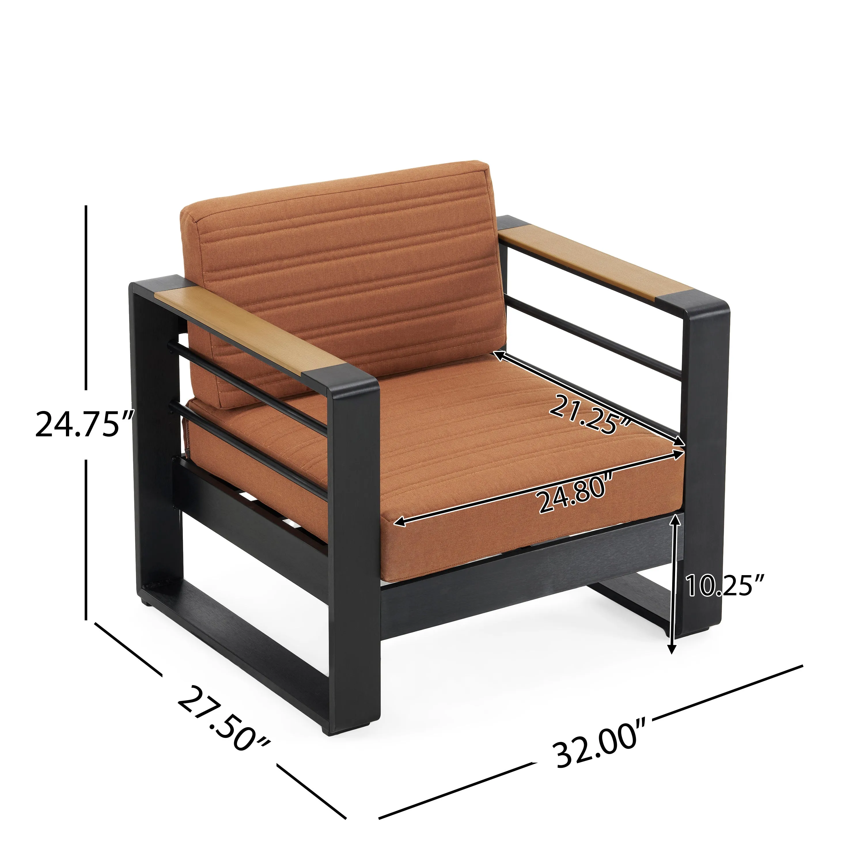Modern Aluminum Club Chair with Faux Wood Accents & Water-Resistant Cushions