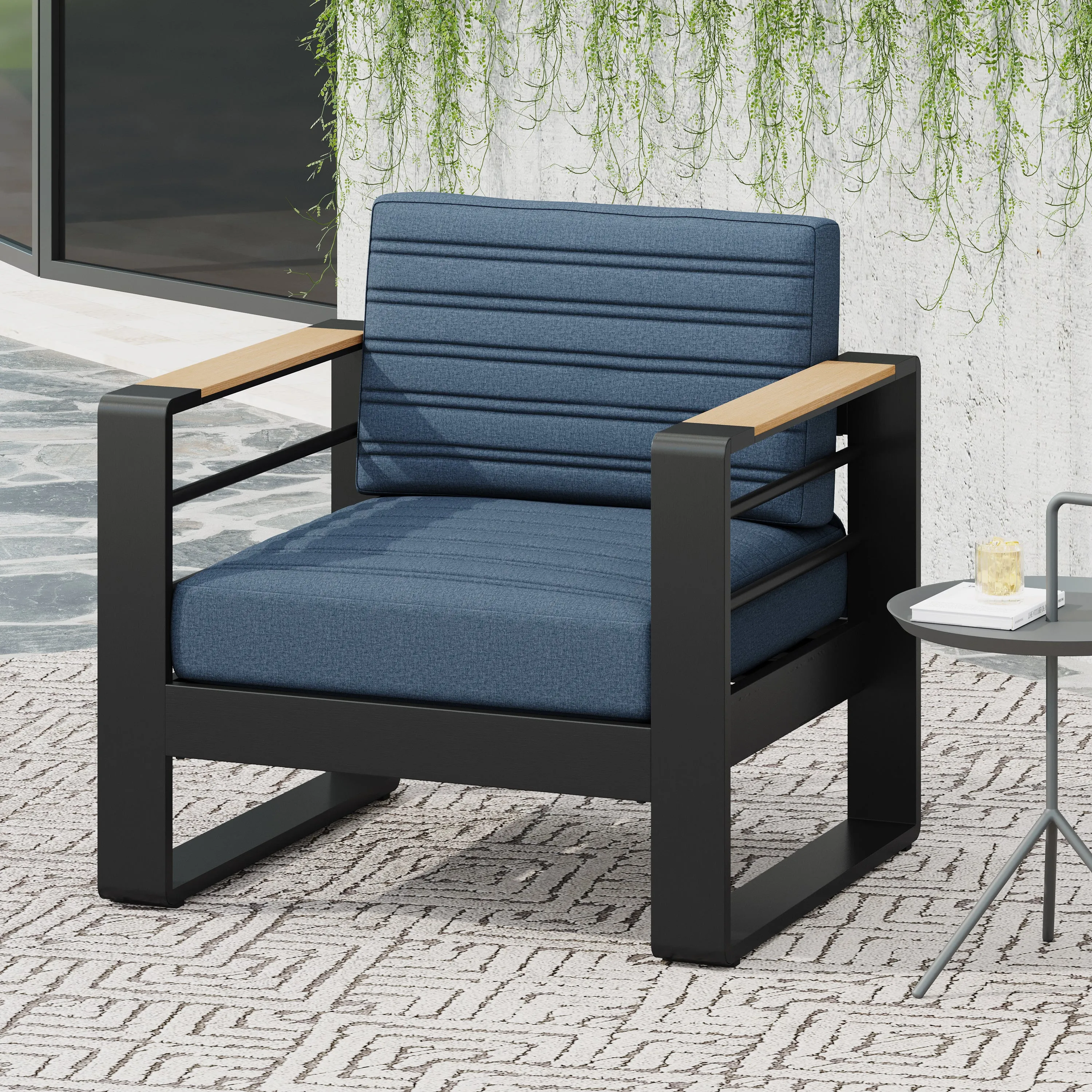 Modern Aluminum Club Chair with Faux Wood Accents & Water-Resistant Cushions patio chairs, outdoor seating