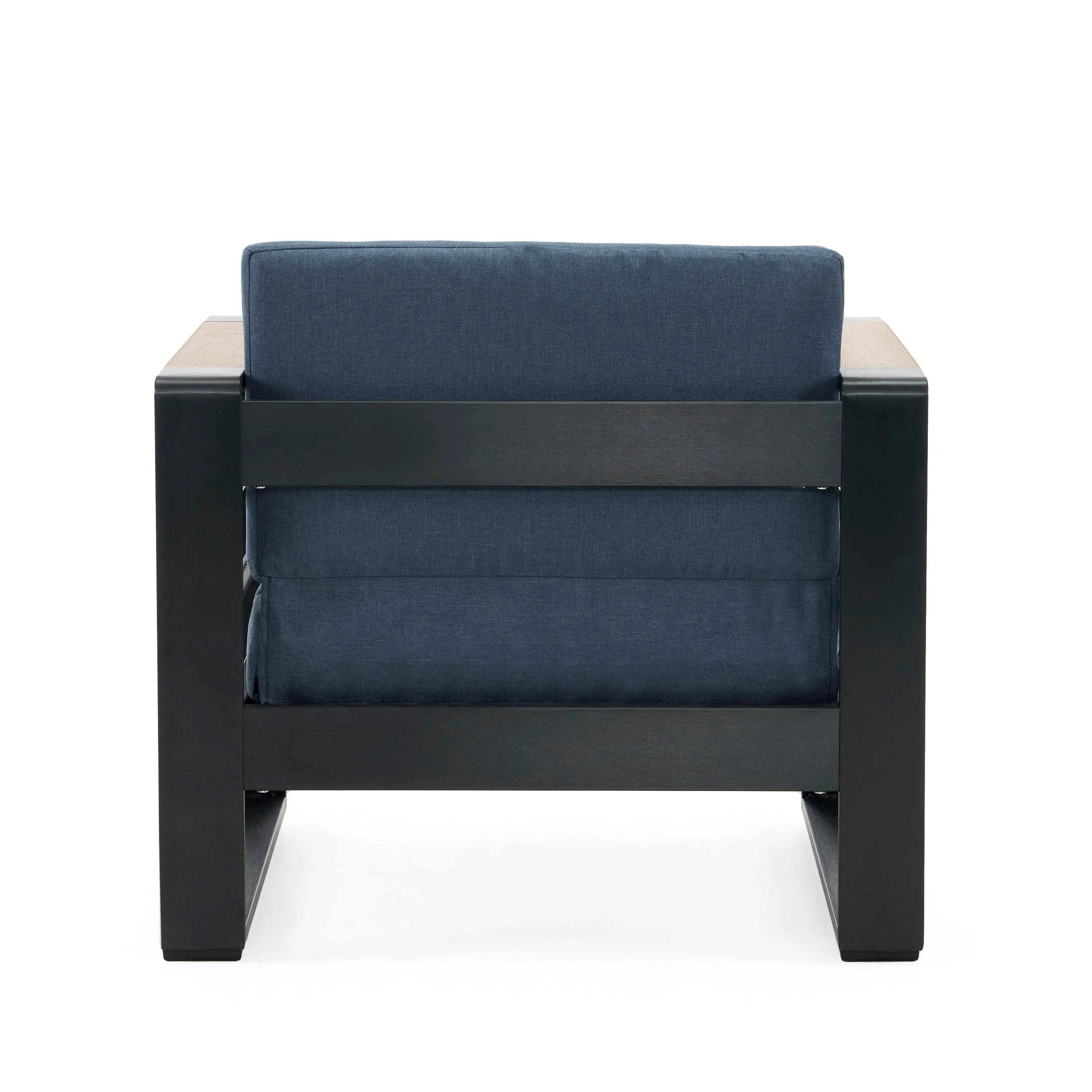 Modern Aluminum Club Chair with Faux Wood Accents & Water-Resistant Cushions