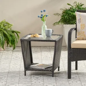 Modern Outdoor Brown Wicker Side Table with Tempered Glass Top - NH404832 patio chairs, outdoor seating