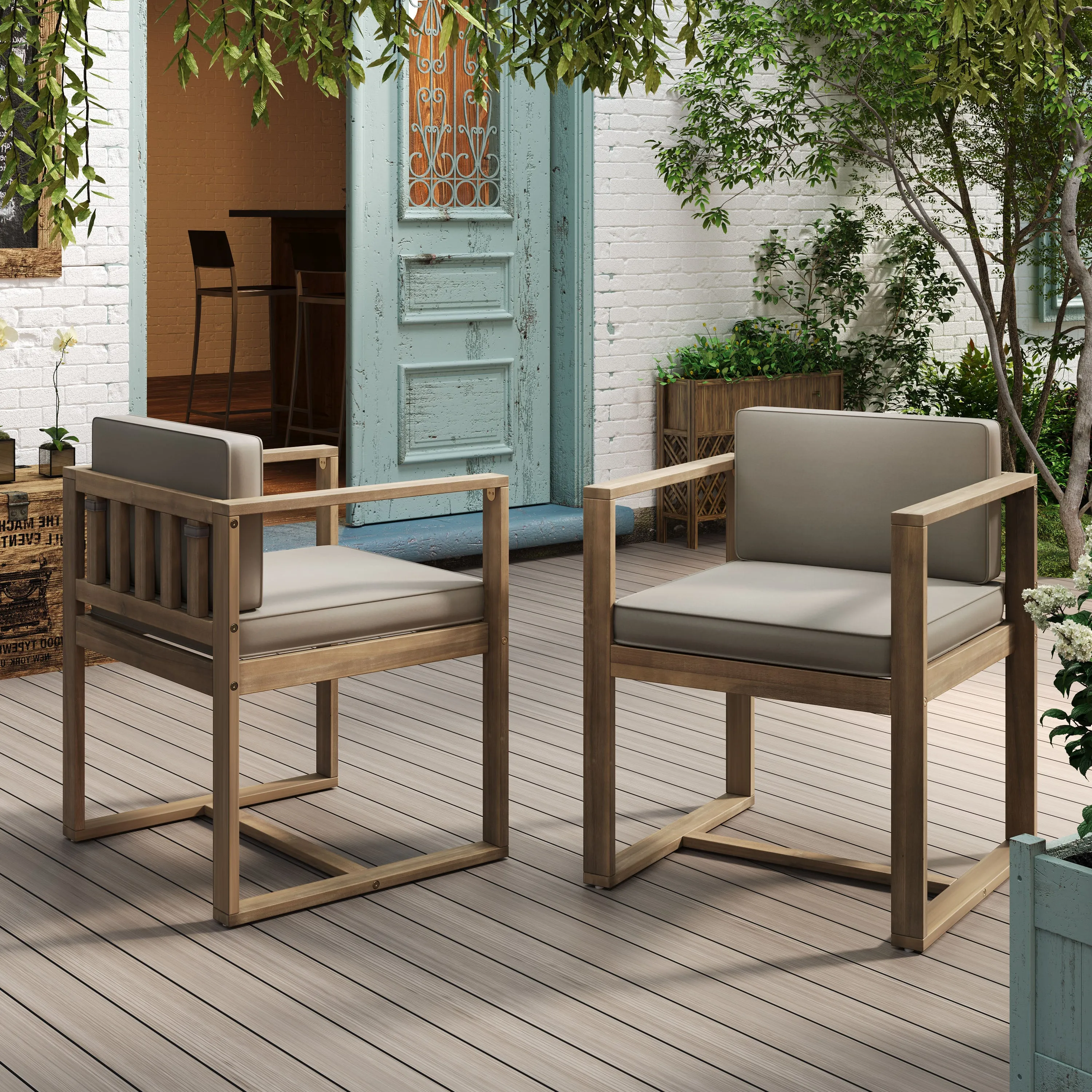 Modern Outdoor Patio Acacia Wood Dining Chairs with Cushions, Set of 2