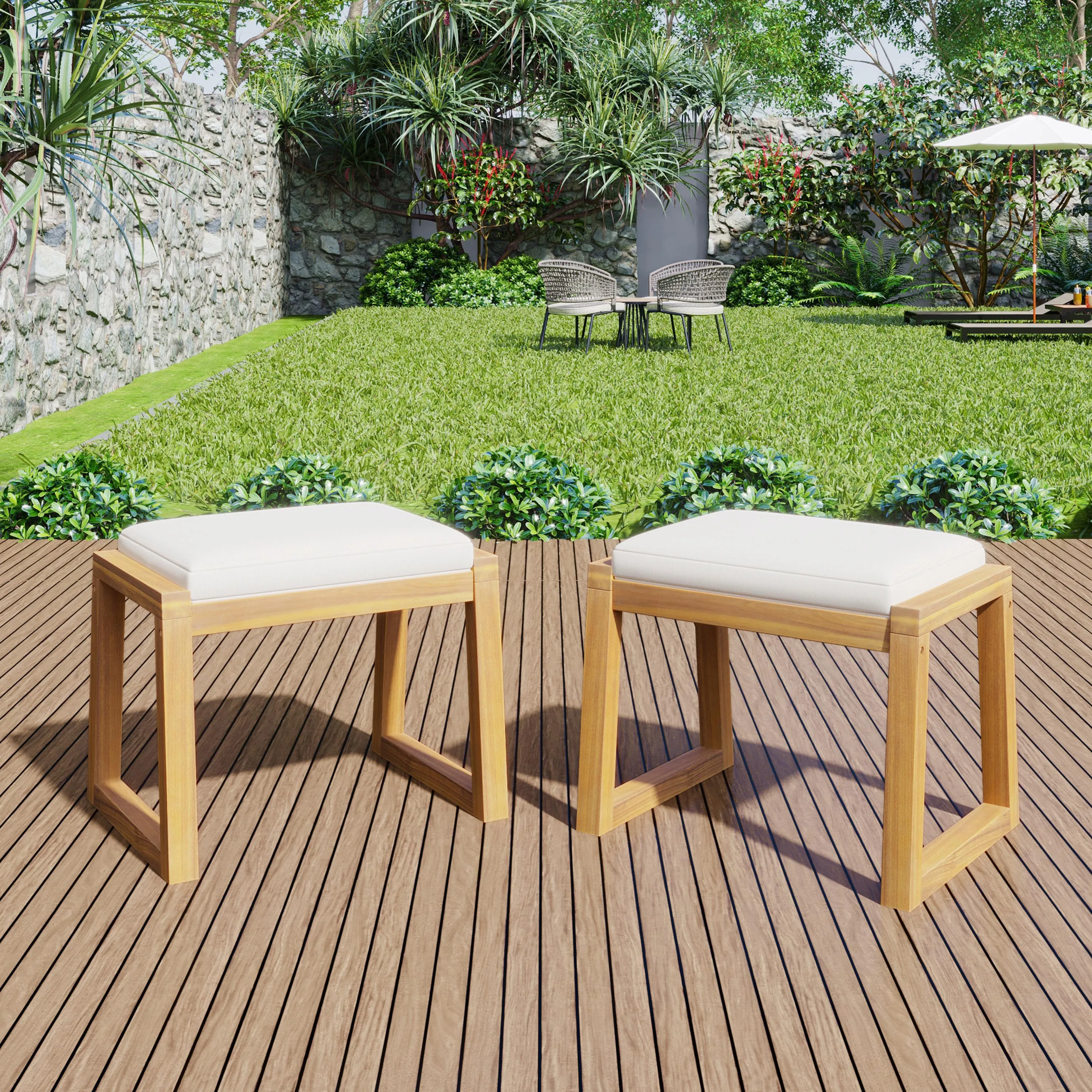 Modern Outdoor Patio Dining Stool Bench with Cushions, Set of 2 patio chairs, outdoor seating
