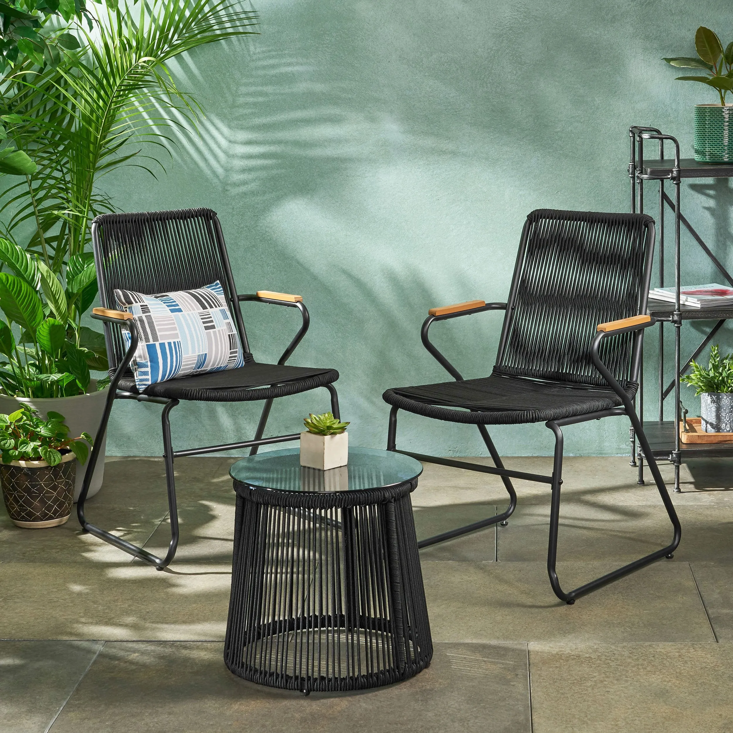 Modern Outdoor Rope Weave Chat Set with Side Table - NH022113 patio chairs, outdoor seating