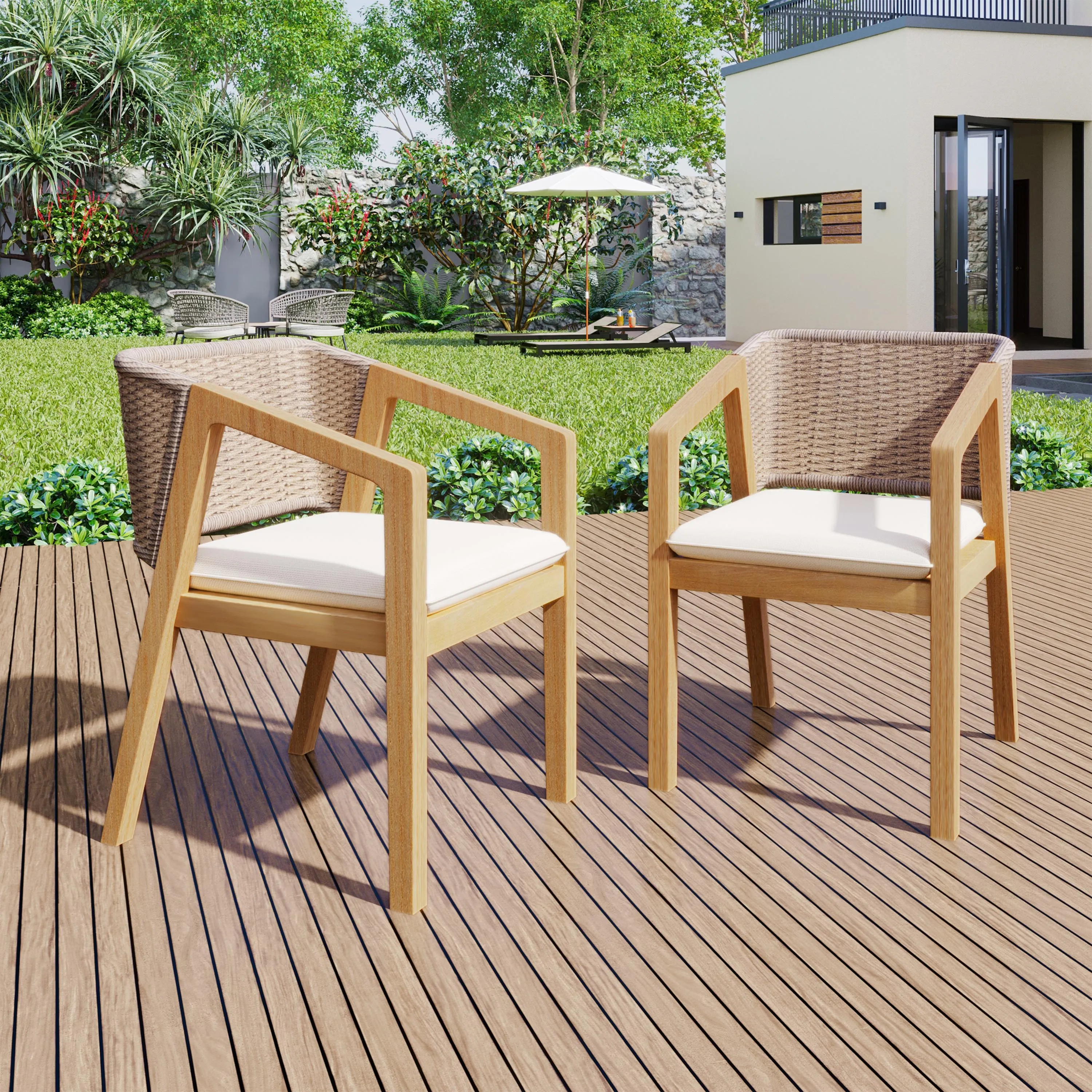 Modern Outdoor Rope Weave Dining Chairs with Cushion, Set of 2 patio chairs, outdoor seating