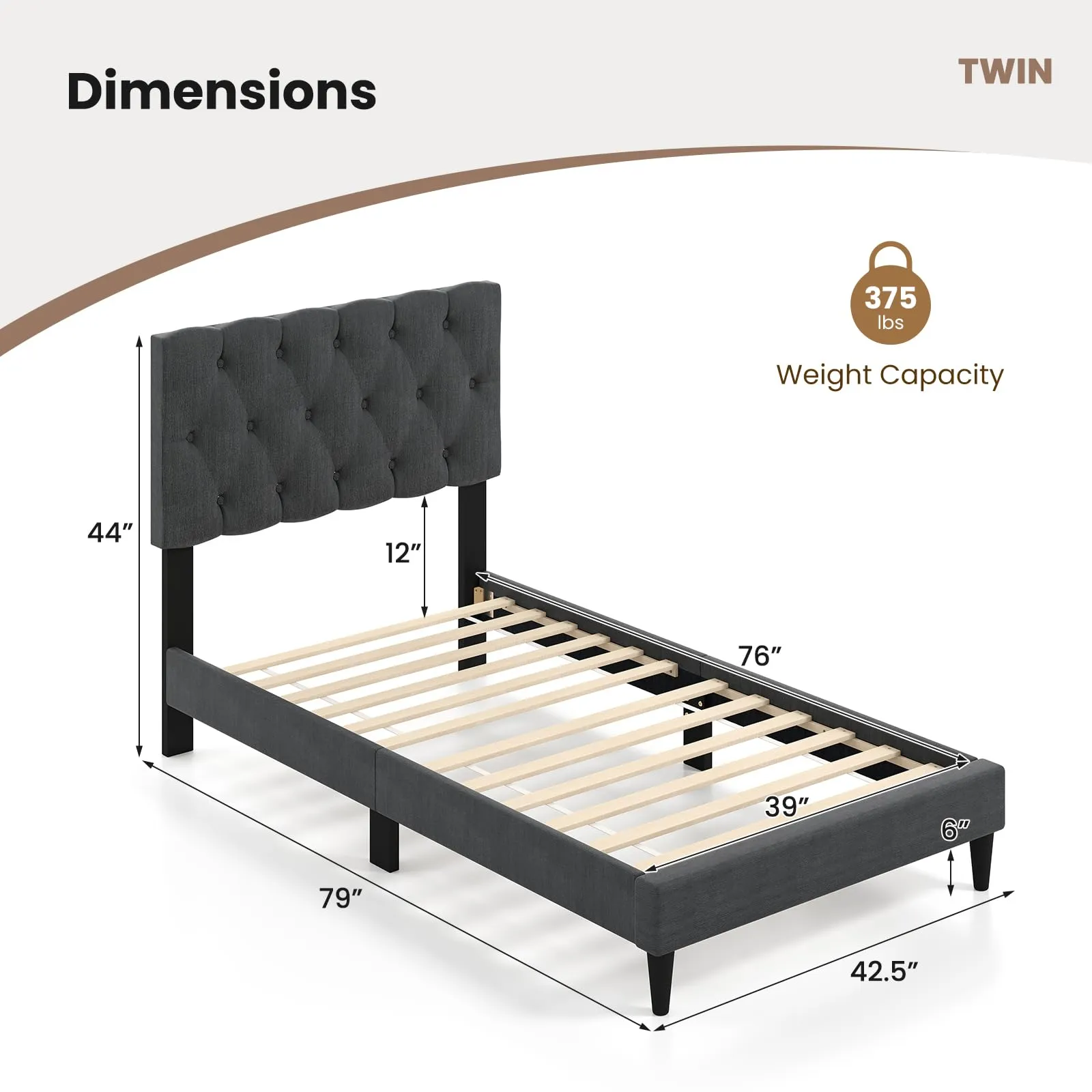 Modern Upholstered Platform Bed Frame with Diamond Tufting Headboard