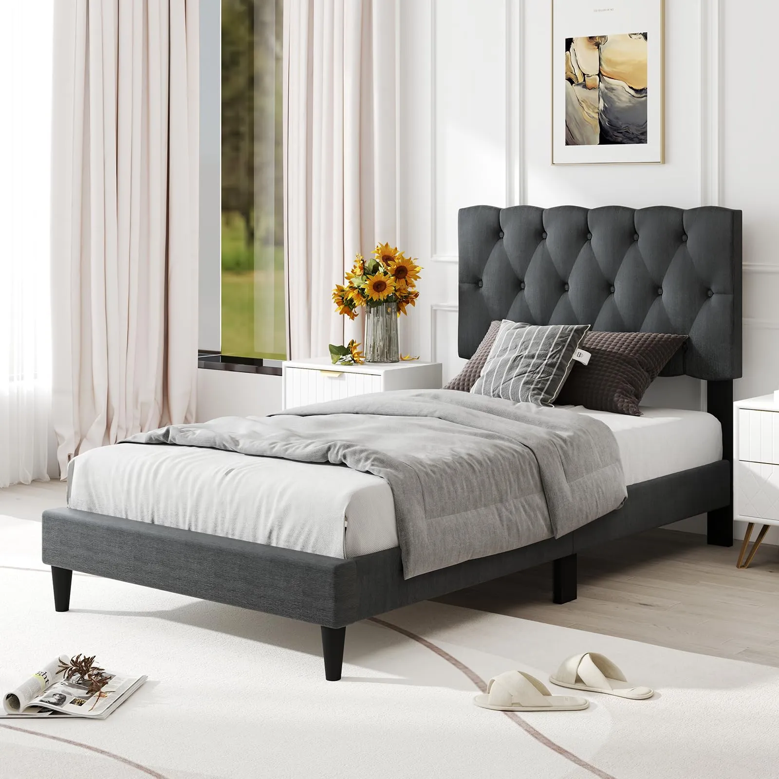 Modern Upholstered Platform Bed Frame with Diamond Tufting Headboard