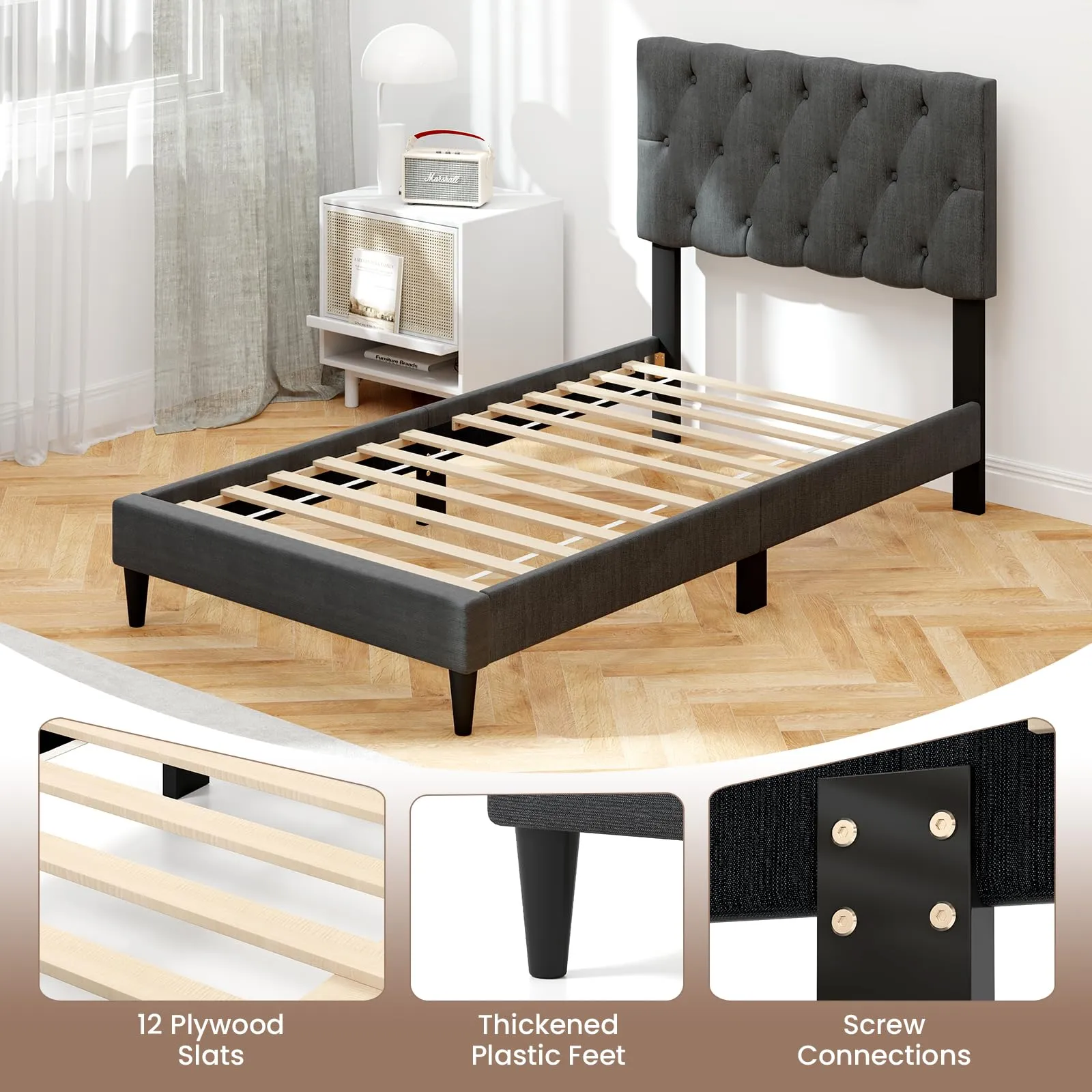 Modern Upholstered Platform Bed Frame with Diamond Tufting Headboard