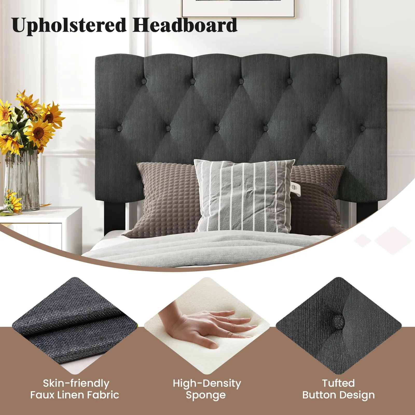 Modern Upholstered Platform Bed Frame with Diamond Tufting Headboard