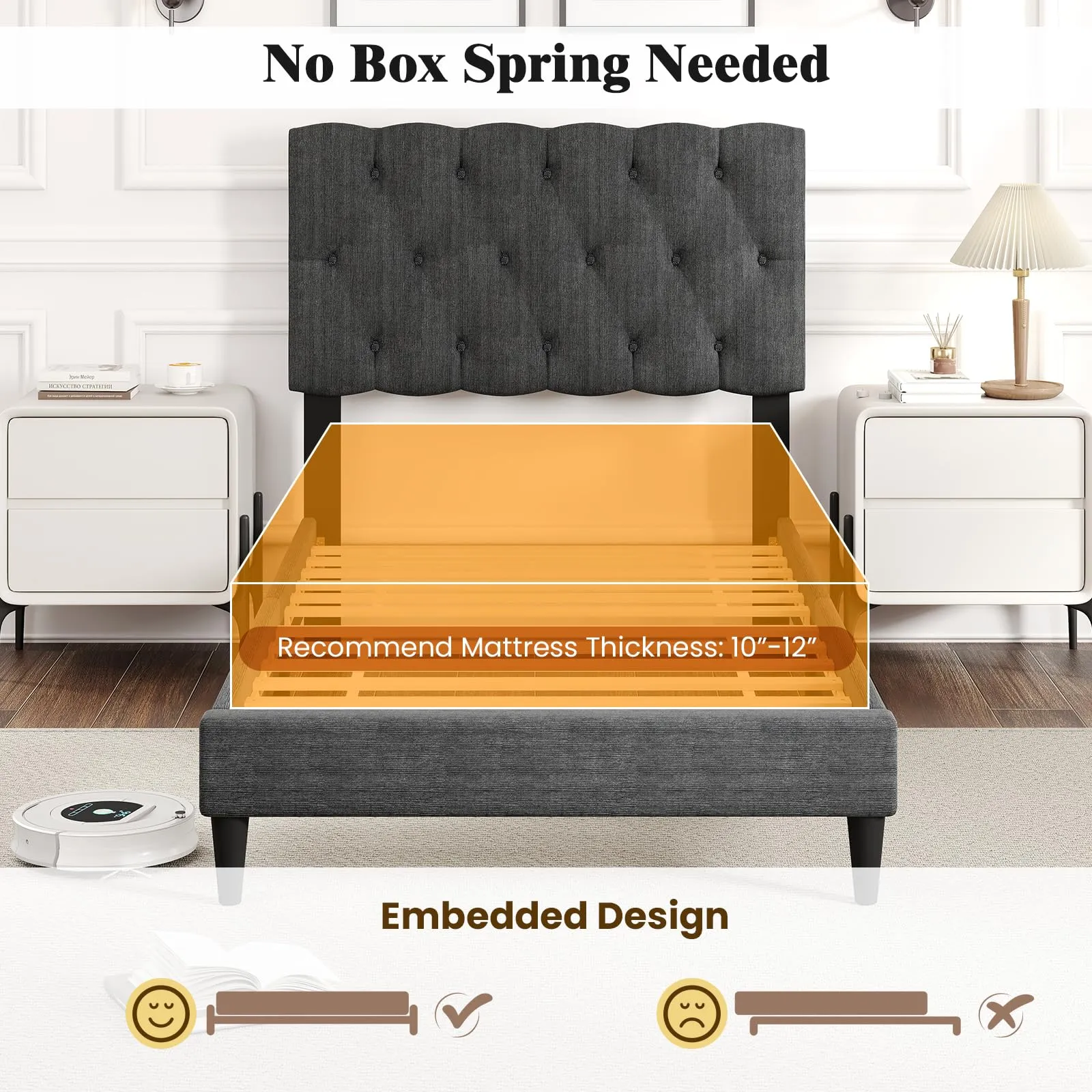Modern Upholstered Platform Bed Frame with Diamond Tufting Headboard