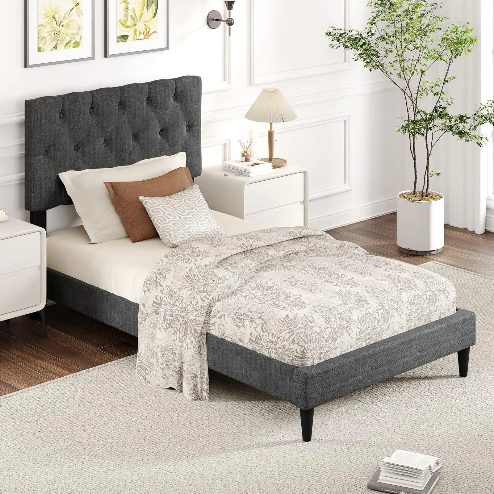 Modern Upholstered Platform Bed Frame with Diamond Tufting Headboard