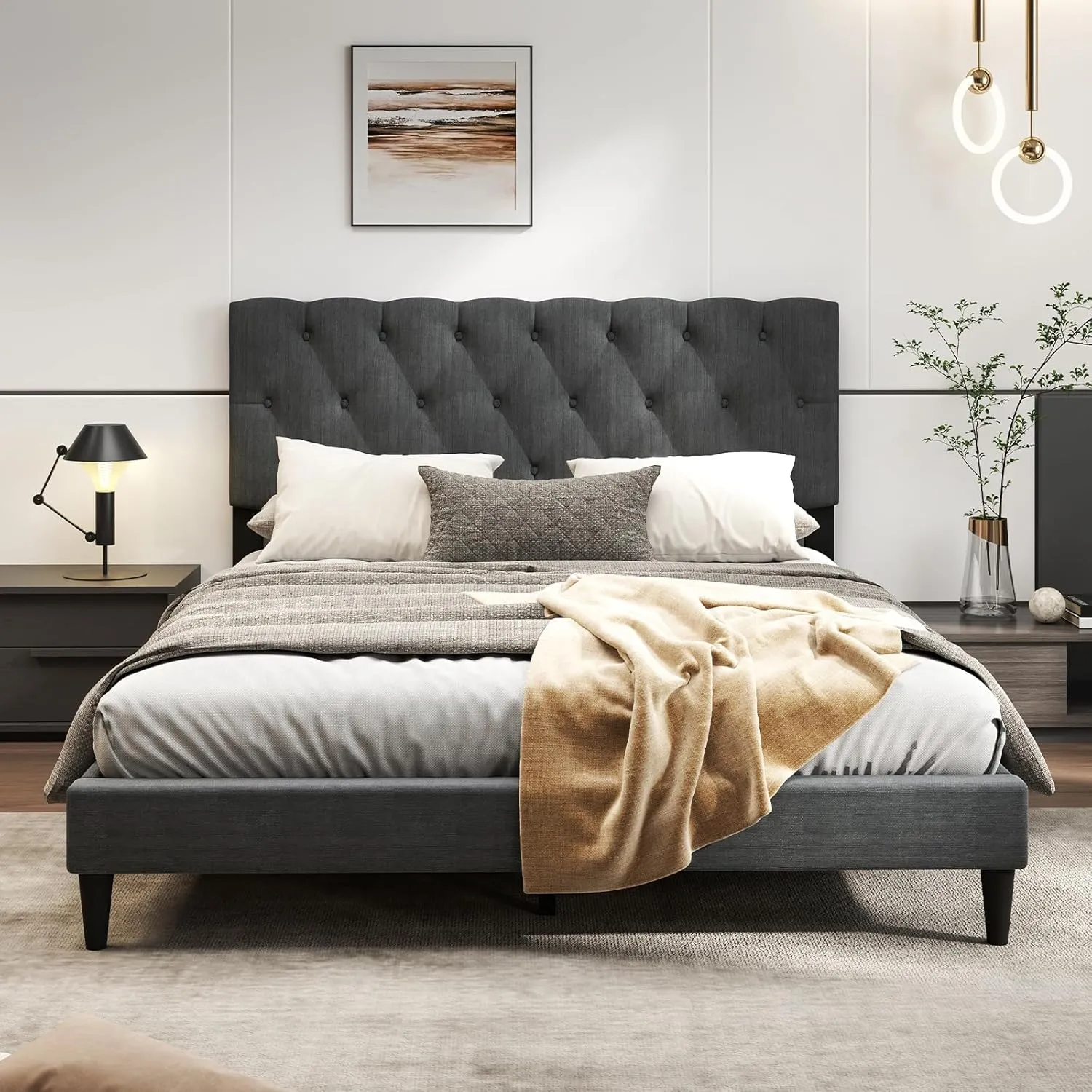 Modern Upholstered Platform Bed Frame with Diamond Tufting Headboard