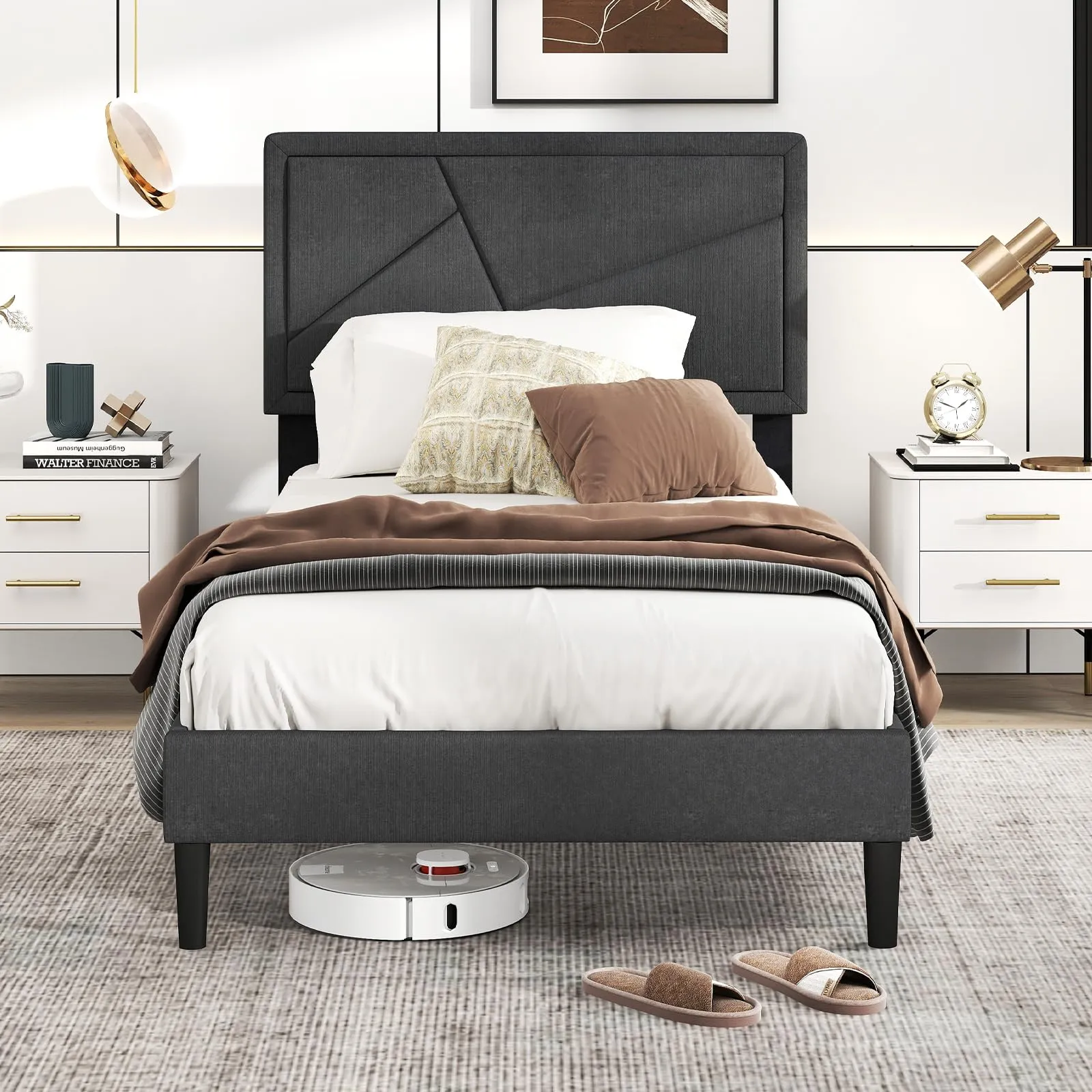 Modern Upholstered Platform Bed Frame with Geometric Tufting Headboard bed frame, queen bed