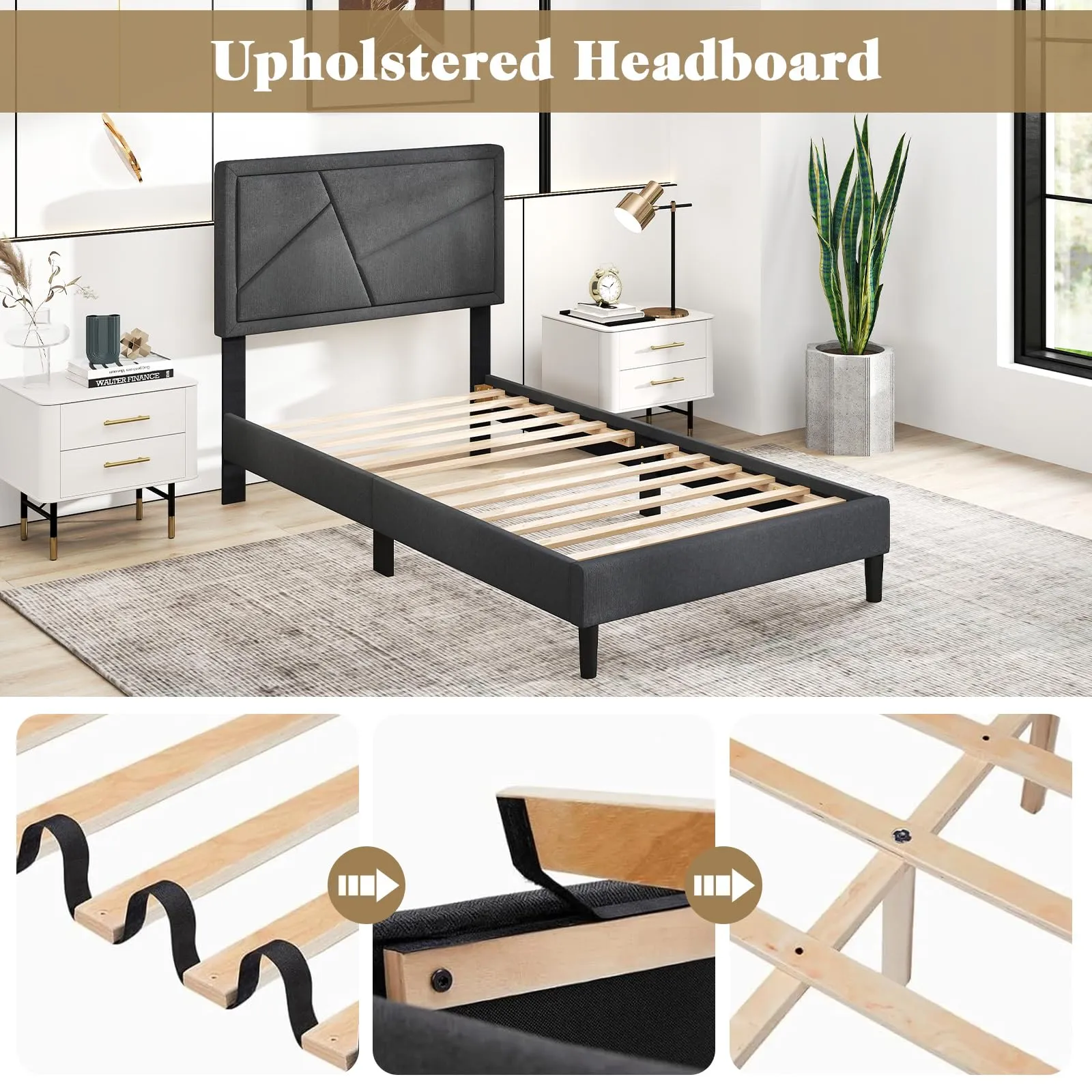 Modern Upholstered Platform Bed Frame with Geometric Tufting Headboard