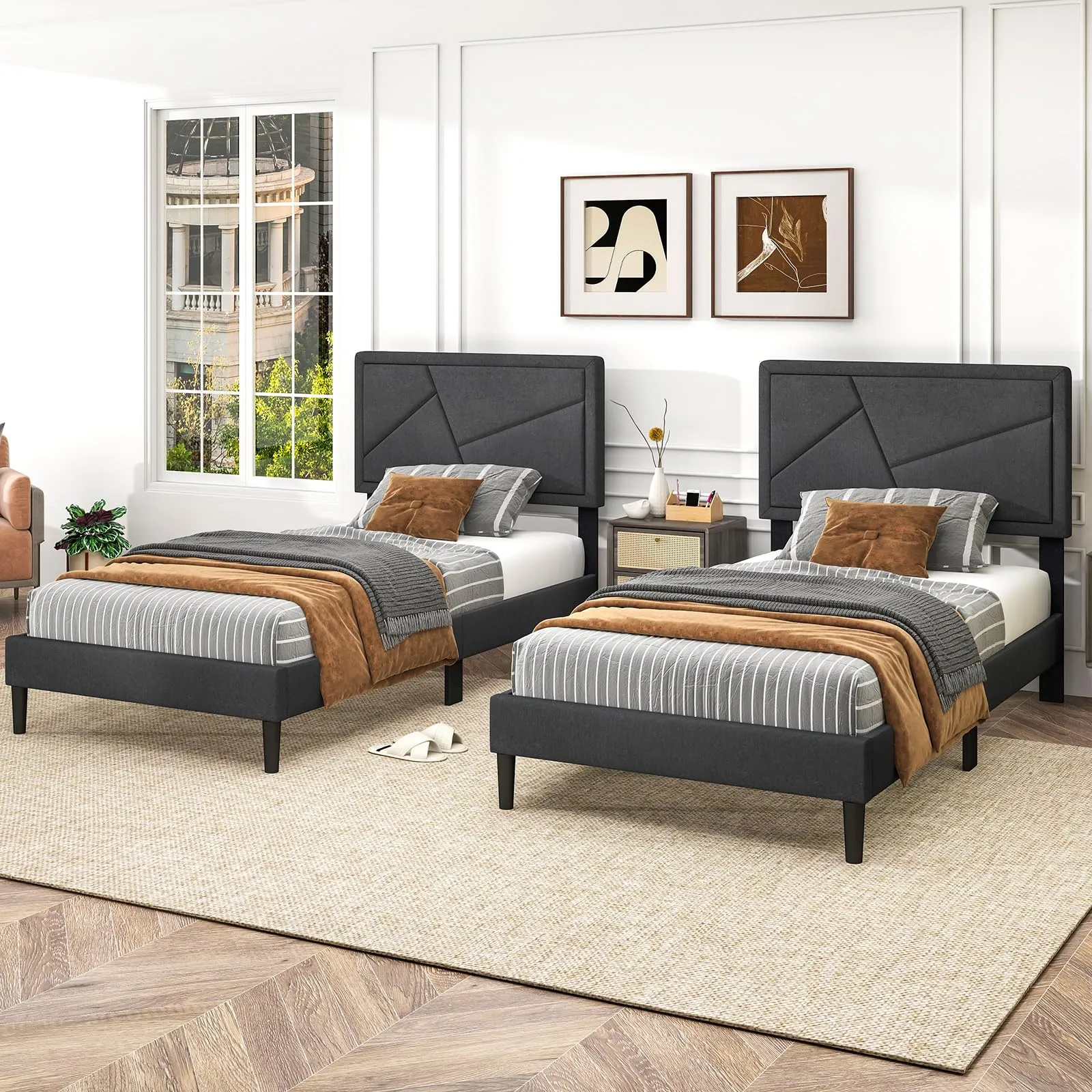 Modern Upholstered Platform Bed Frame with Geometric Tufting Headboard