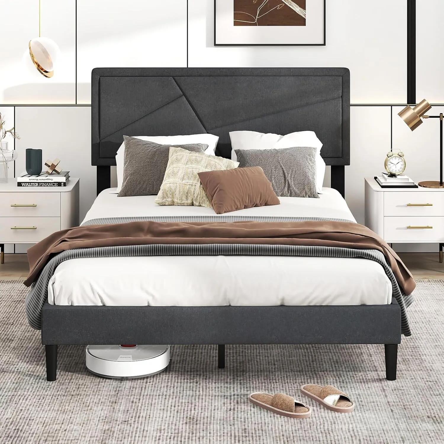 Modern Upholstered Platform Bed Frame with Geometric Tufting Headboard
