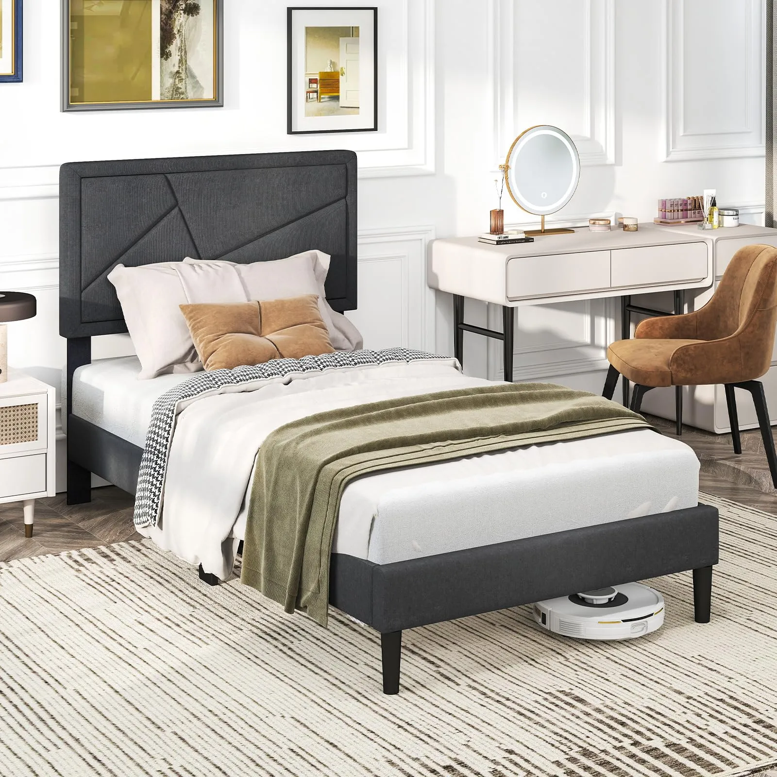 Modern Upholstered Platform Bed Frame with Geometric Tufting Headboard