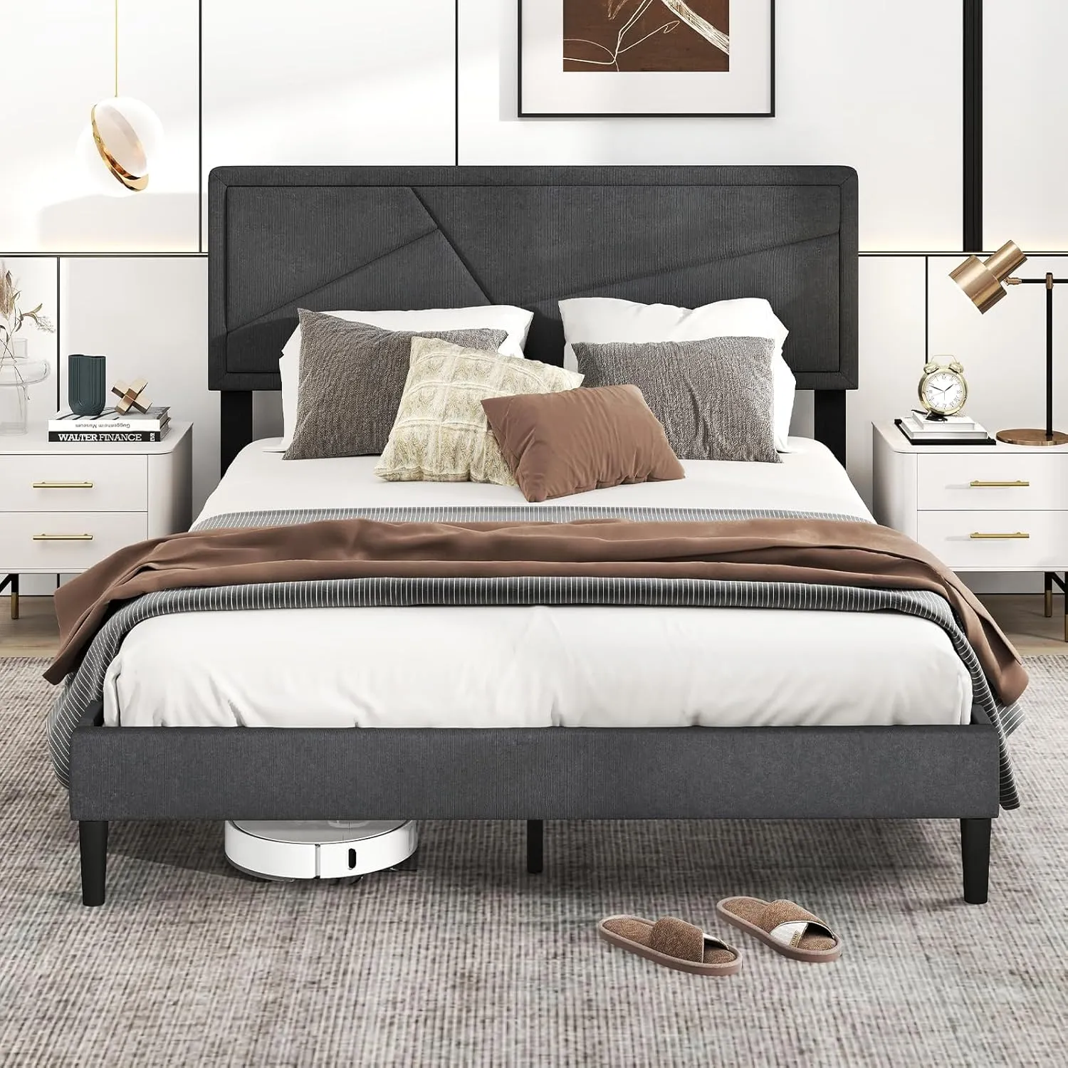 Modern Upholstered Platform Bed Frame with Geometric Tufting Headboard