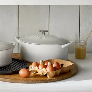 Natural Cast Iron Oval casserole dish, 28cm, Light Grey curtain fabric, upholstery textile