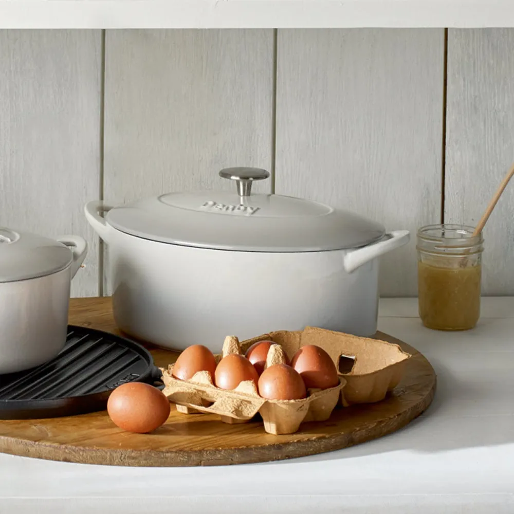 Natural Cast Iron Oval casserole dish, 28cm, Light Grey curtain fabric, upholstery textile
