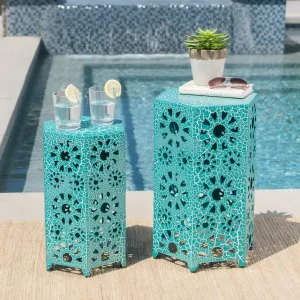 Nestable Outdoor 12 Inch and 14 Inch Sunburst Iron Side Table Set - NH459103 patio chairs, outdoor seating